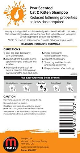 Mikki Cat & Kitten Shampoo, Low Foaming Formula, Easy Rinse, Gentle, Non-Irritating, 250 ml, Crisp Pear Fragrance - Comfort Style