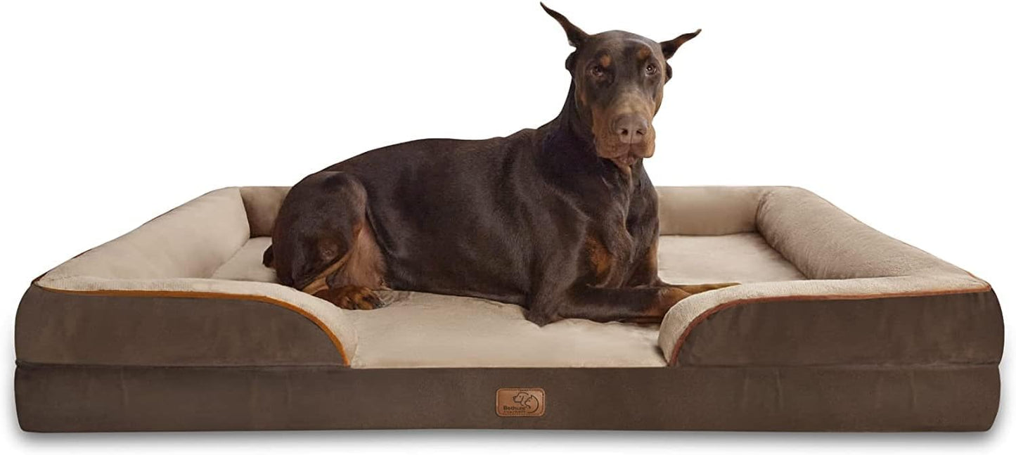 Bedsure Large Dog Bed Sofa - Washable Orthopedic Dog Beds and Couch with Removable Flannel Cover, Waterproof Dog Pillow with U-Shape Bolster, Grey Squre Pet Bed, 89x63x16cm - Comfort Style