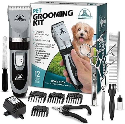 Pet UnionProfessional Dog Grooming Kit - Cordless Low Noise Dog Clippers for Grooming Thick Coats - All Pet Safe Cat Hair Trimmer - Pet Grooming Kit Includes Dog Hair Clippers, Nail Trimmer & Shears - Comfort Style