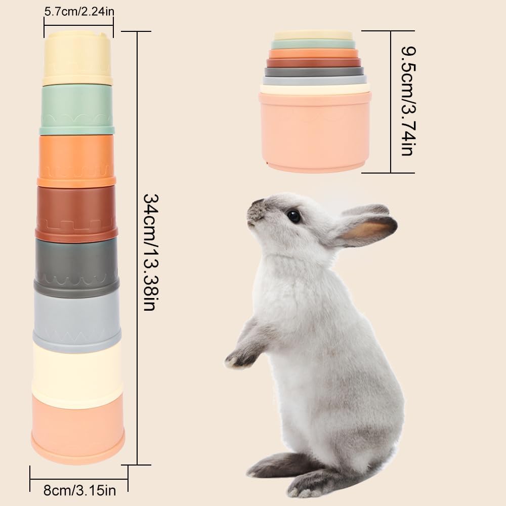WALLFID 8 PCS Stacking Cups for Rabbits-Bunny Toys for Hiding Food and Playtime Fun,BPA-Free Safe Plastic Pet Toys,Multi-Coloured and Various Sizes (Morandi Colour) - Comfort Style