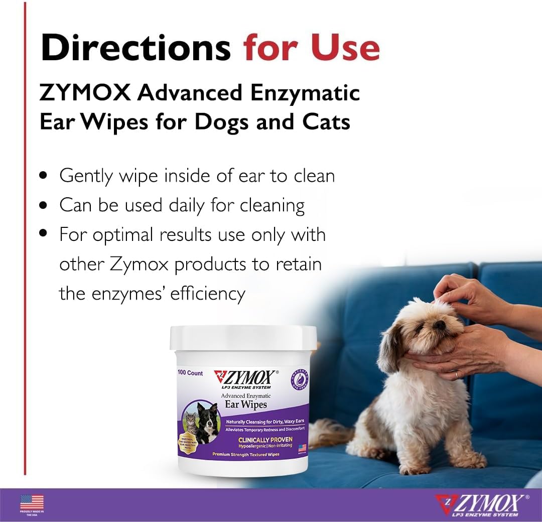 ZYMOX Advanced Enzymatic Ear Wipes for Dogs and Cats - for Dirty, Waxy, Smelly Ears - Premium Strength Ear Cleaner Wipes - Non-Irritating - Hypoallergenic - 100 ct