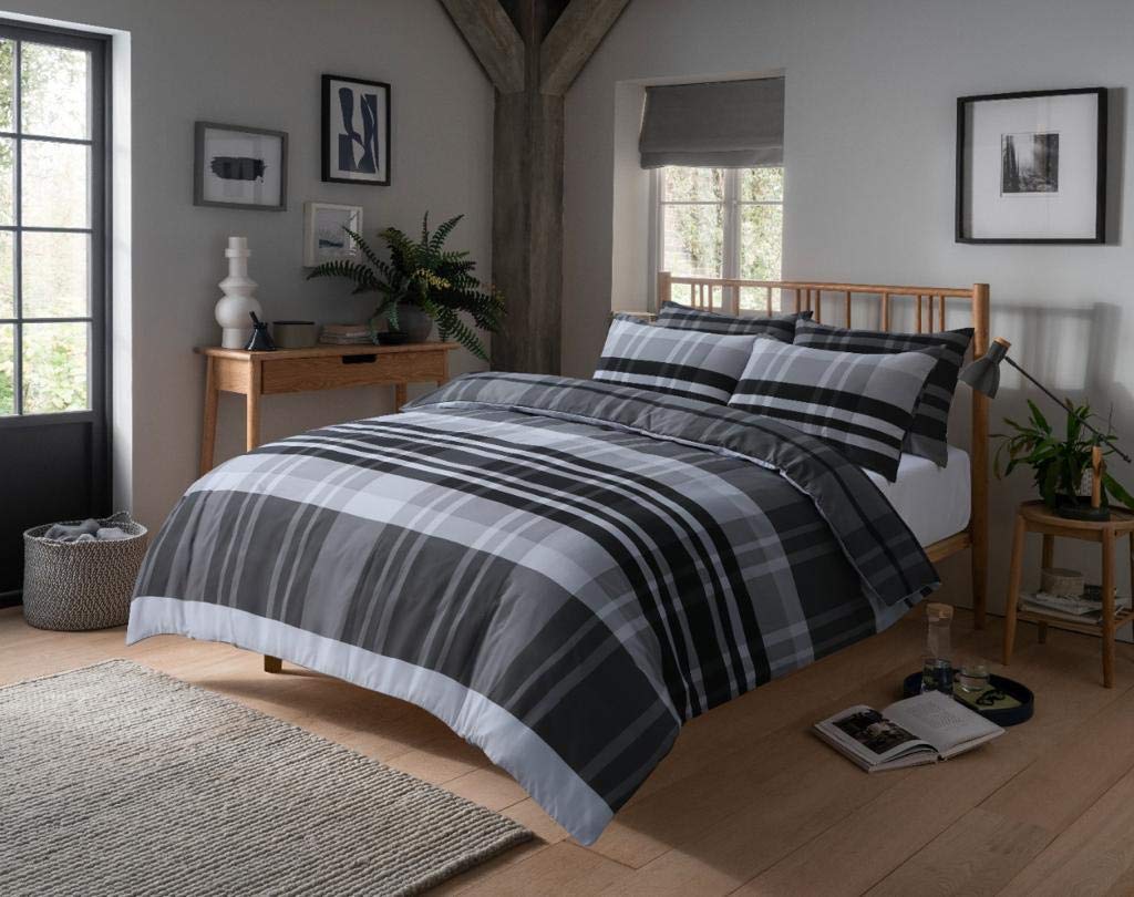 Olivia Rocco Hudson Check Duvet Cover Set Modern Print Cotton Rich Quilt Covers Bedding Bed Linen Set - Comfort Style