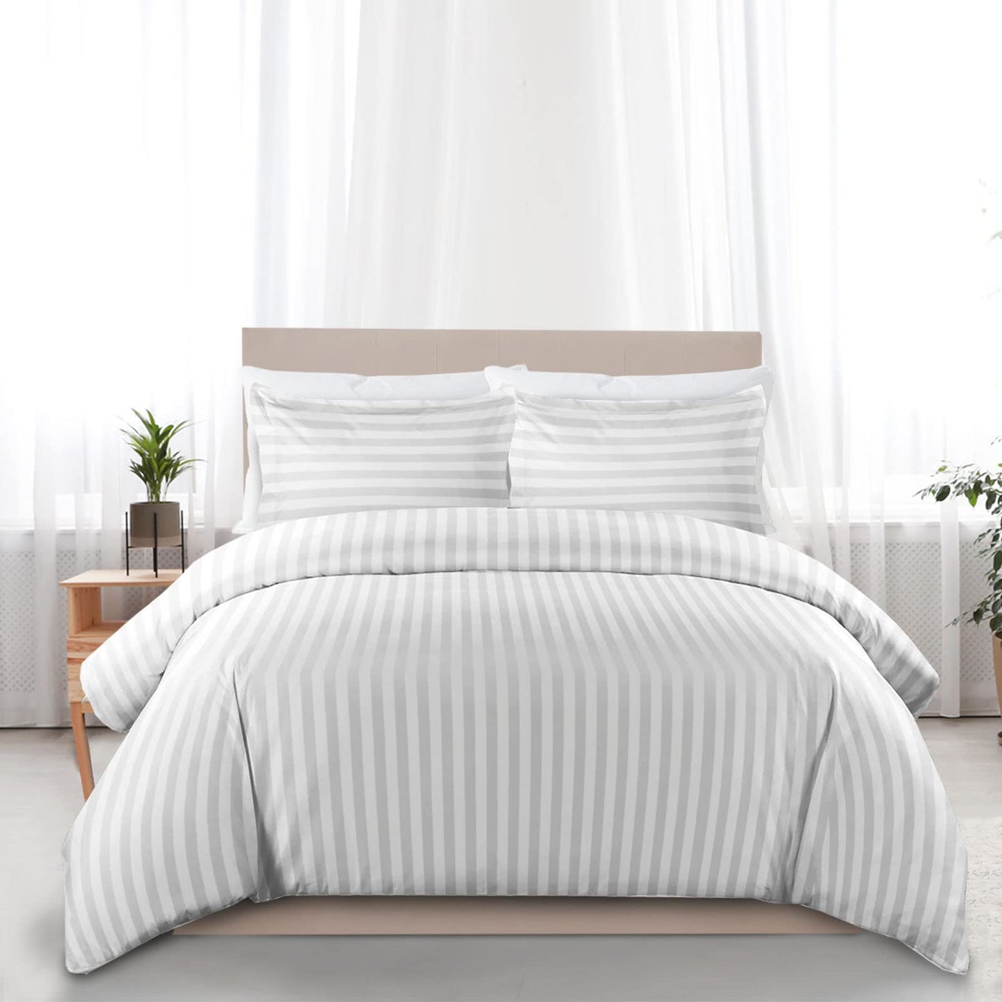 MOONLIGHT20015 Duvet Set Reversible Stripes Satin Double Bedding Set with 2 Pillowcases Soft Hypoallergenic Duvet Cover - Comfort Style