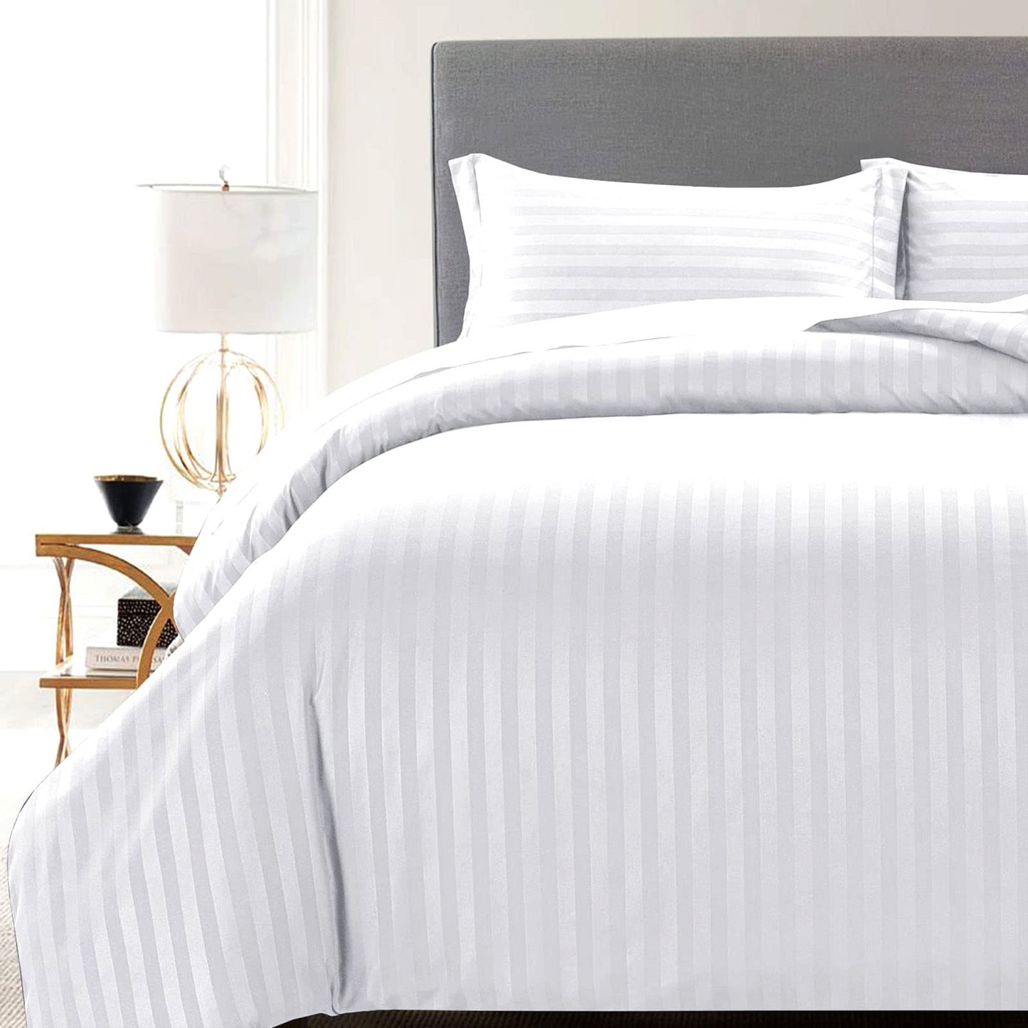 MOONLIGHT20015 Duvet Set Reversible Stripes Satin Double Bedding Set with 2 Pillowcases Soft Hypoallergenic Duvet Cover - Comfort Style