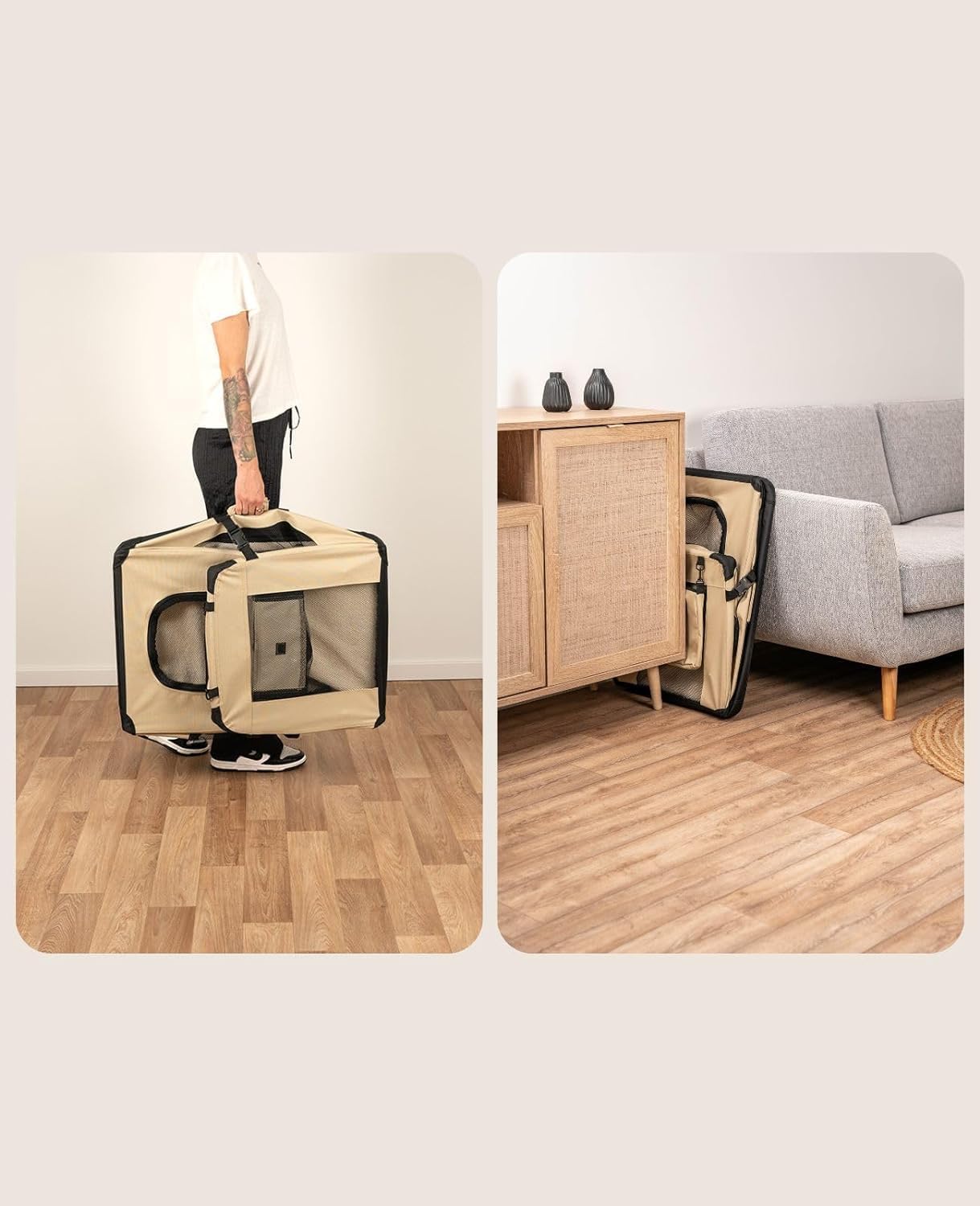 lionto Dog transport box foldable for travel & car, 50x34x36 cm, sturdy transport box with carrying handles & blanket for cats & dogs up to 10 kg, sturdy fabric dog box for small & large, beige - Comfort Style