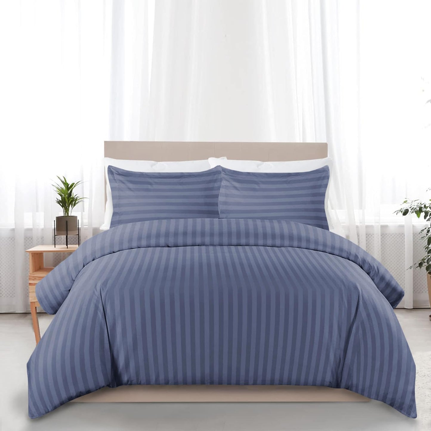 MOONLIGHT20015 Duvet Set Reversible Stripes Satin Double Bedding Set with 2 Pillowcases Soft Hypoallergenic Duvet Cover - Comfort Style