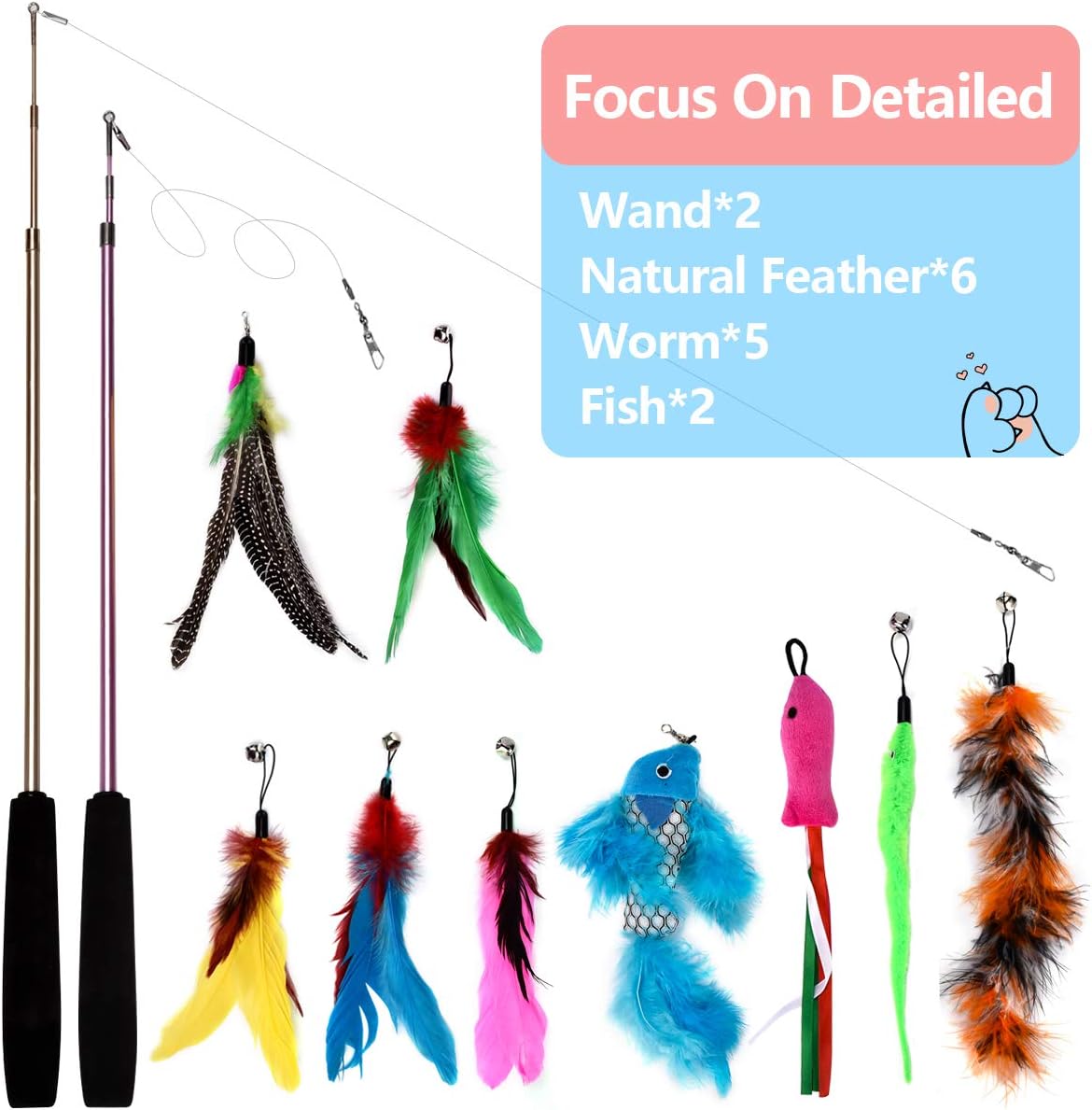 Bojafa Cat Toys For Indoor Cats Adult: Interactive Kitten Cat Feather Wand Toys 15Pcs Cat Teaser Toys - Comfort Style