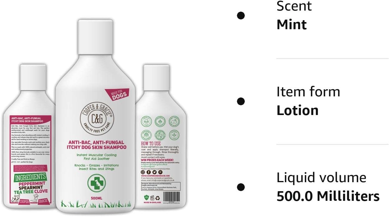 Dog Shampoo For Itchy skin Antibacterial And Antifungal | Natural Medicated Low Lather Safe Formula | Fast Absorbing and Skin Cooling First Aid | Great For Grazes Skin Irritation