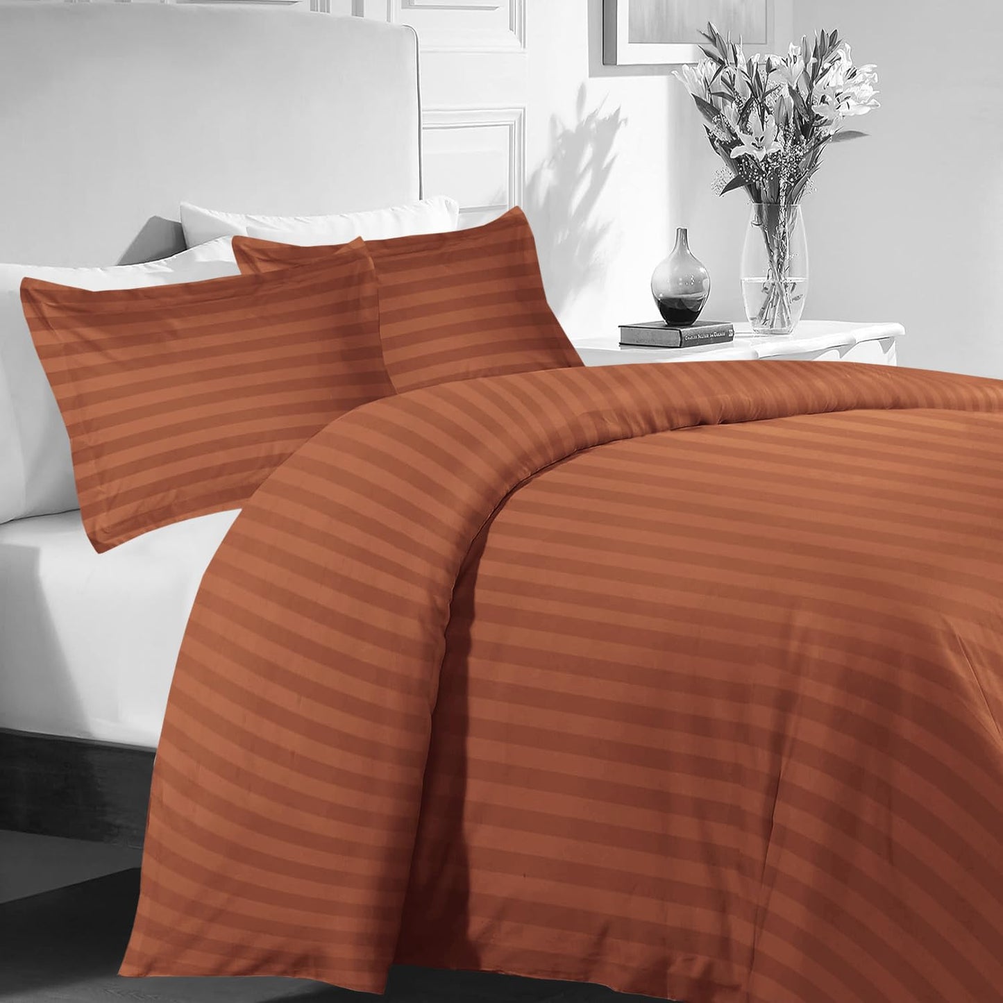 MOONLIGHT20015 Duvet Set Reversible Stripes Satin Double Bedding Set with 2 Pillowcases Soft Hypoallergenic Duvet Cover - Comfort Style