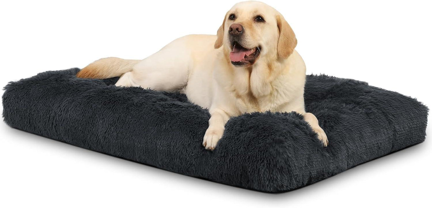 KSIIA Large Dog Bed Washable, Calming Dog Bed, Dog Crate Mattress with Non skid Bottom, Fluffy Anti Anxiety Dog Beds, Pet Beds Pillow Cushion for Dog, Dark Grey, 90x60x8cm - Comfort Style