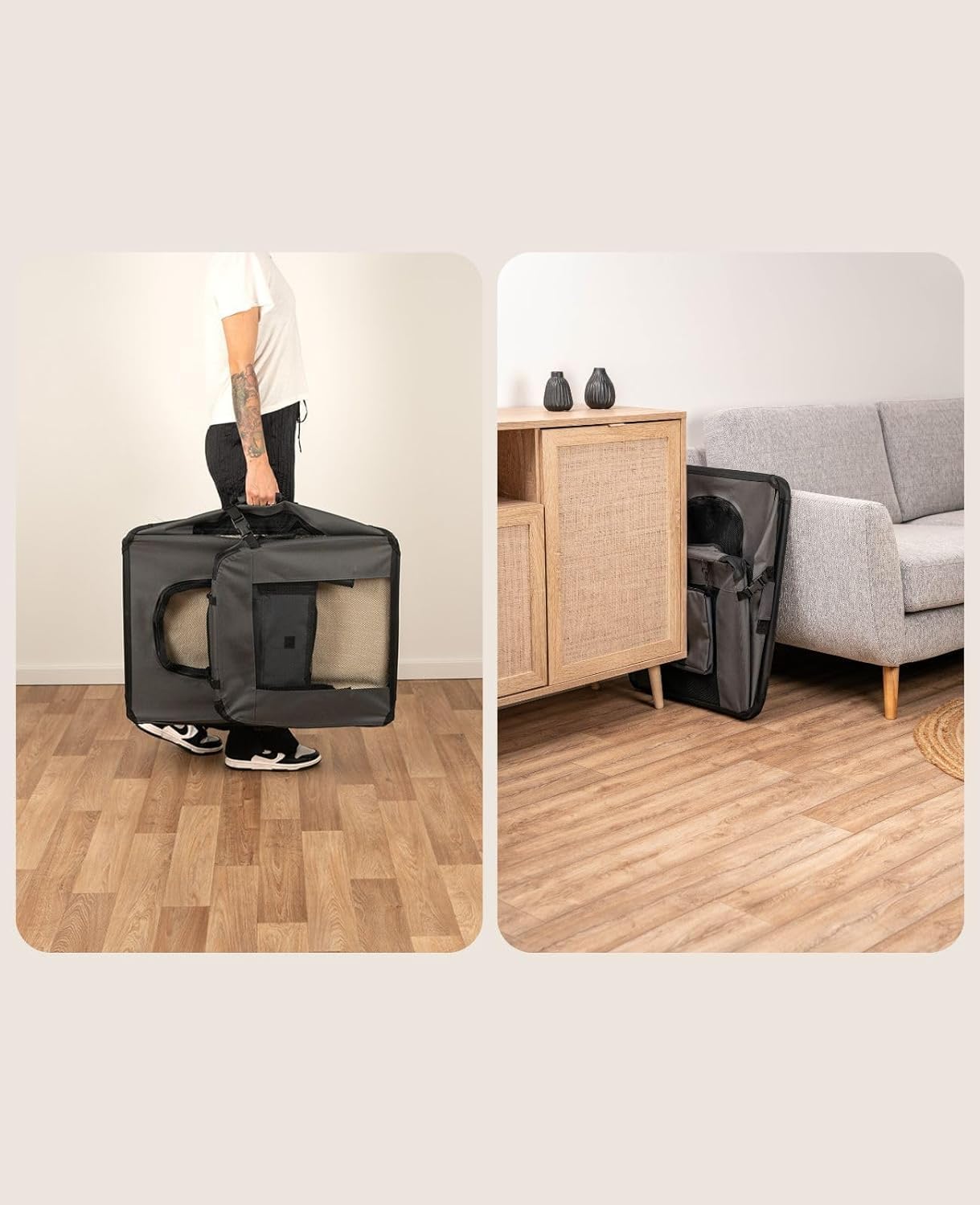 lionto Dog transport box foldable for travel & car, 50x34x36 cm, sturdy transport box with carrying handles & blanket for cats & dogs up to 10 kg, sturdy fabric dog box for small & large, beige - Comfort Style