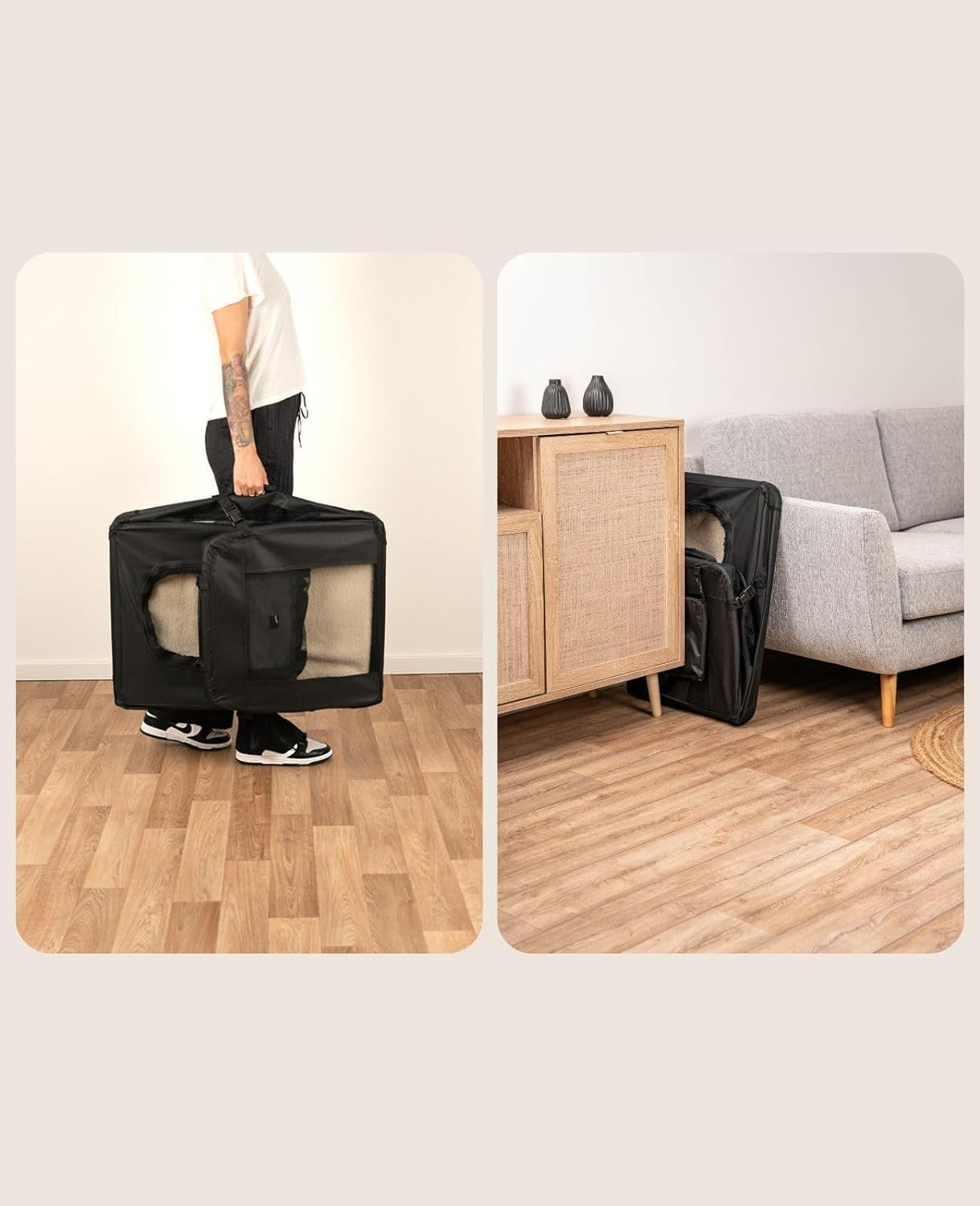 lionto Dog transport box foldable for travel & car, 50x34x36 cm, sturdy transport box with carrying handles & blanket for cats & dogs up to 10 kg, sturdy fabric dog box for small & large, beige - Comfort Style