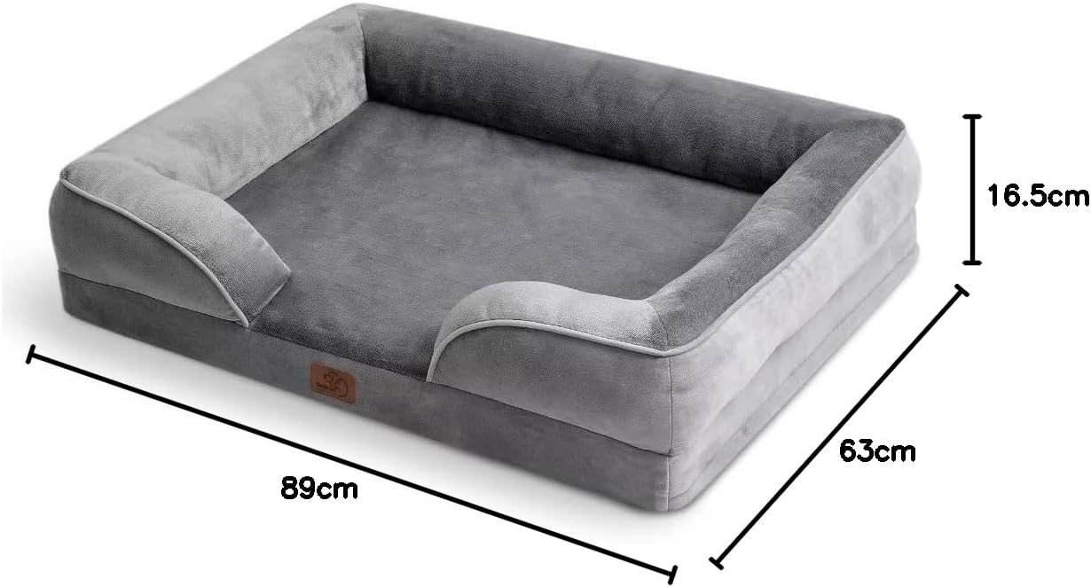 Bedsure Large Dog Bed Sofa - Washable Orthopedic Dog Beds and Couch with Removable Flannel Cover, Waterproof Dog Pillow with U-Shape Bolster, Grey Squre Pet Bed, 89x63x16cm - Comfort Style
