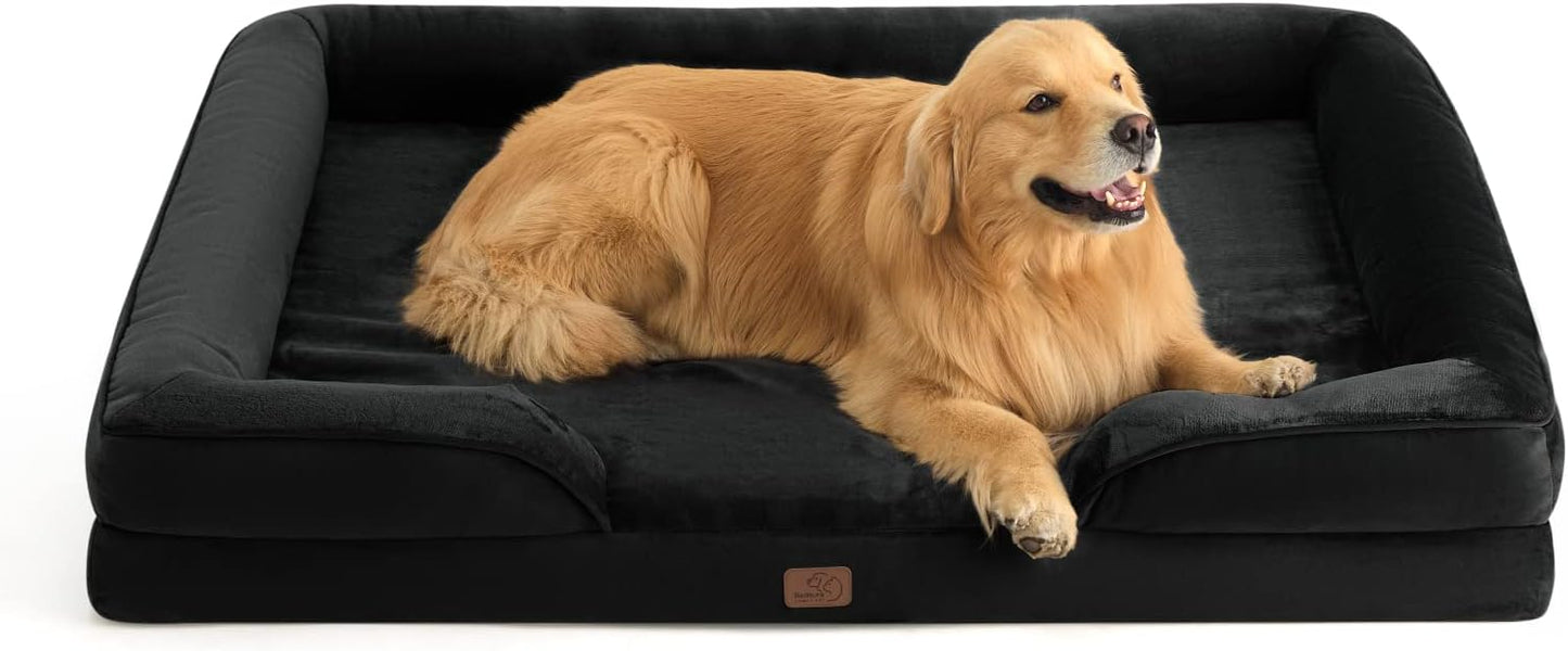 Bedsure Large Dog Bed Sofa - Washable Orthopedic Dog Beds and Couch with Removable Flannel Cover, Waterproof Dog Pillow with U-Shape Bolster, Grey Squre Pet Bed, 89x63x16cm - Comfort Style