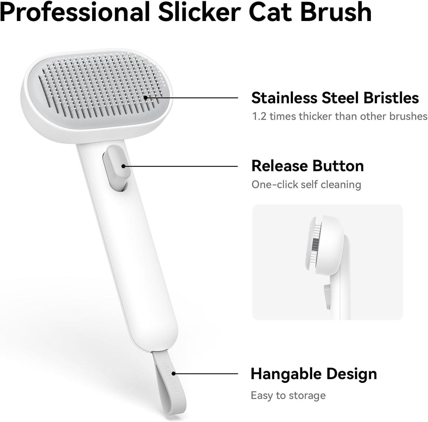 aumuca Cat Brush with Release Button, Cat Grooming Brush for Long or Short Haired Cats, Cat Hair Brush for Shedding Cat Comb for Pets Removing Loose Fur and Massage, White - Comfort Style