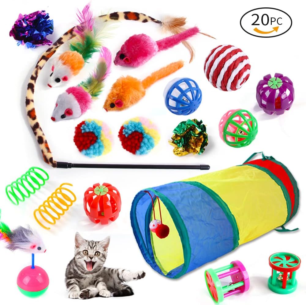 20 Pcs Cat Toys for Indoor Kitten, Collapsible Tunnel, Interactive Feather Wand Ball Spring Mice Toy for Puppy Kitty - Comfort Style