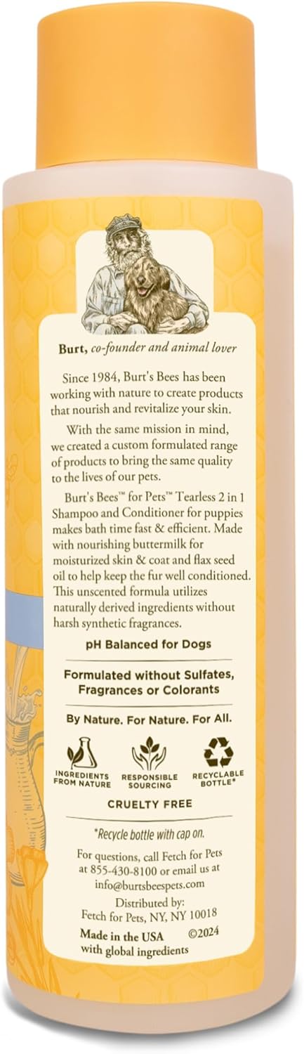 Burts Bees Tearless 2 in 1 Shampoo and Conditioner for Puppies with Buttermilk & Linseed Oil, 473ml, white