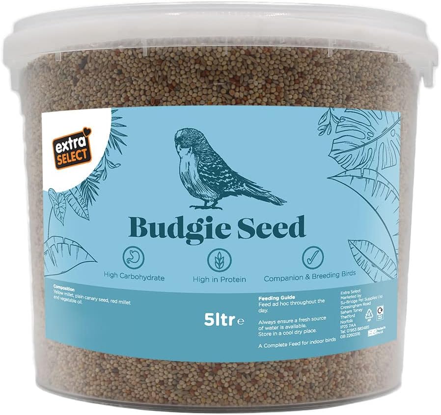 Extra Select Budgie Seed Mix - Indoor Bird Food for Small Birds Only in Handy Bird Seed Storage Tub - 5 Litre