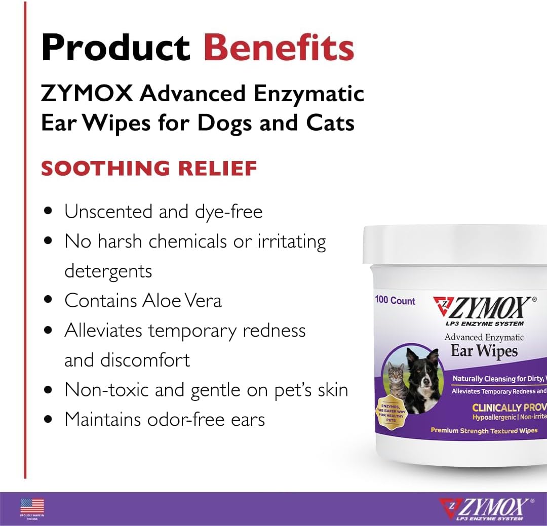 ZYMOX Advanced Enzymatic Ear Wipes for Dogs and Cats - for Dirty, Waxy, Smelly Ears - Premium Strength Ear Cleaner Wipes - Non-Irritating - Hypoallergenic - 100 ct