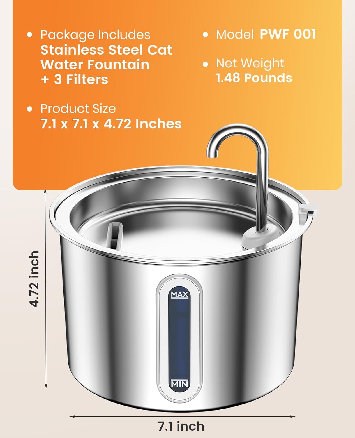 oneisall Cat Water Fountain for Drinking,2L Stainless Steel Cat Fountain Faucet Design,Ultra Silent Water Fountain Cat Bowl with 3 Pack Filters,Visible Water Level Pet Water Fountain Dishwasher Safe - Comfort Style