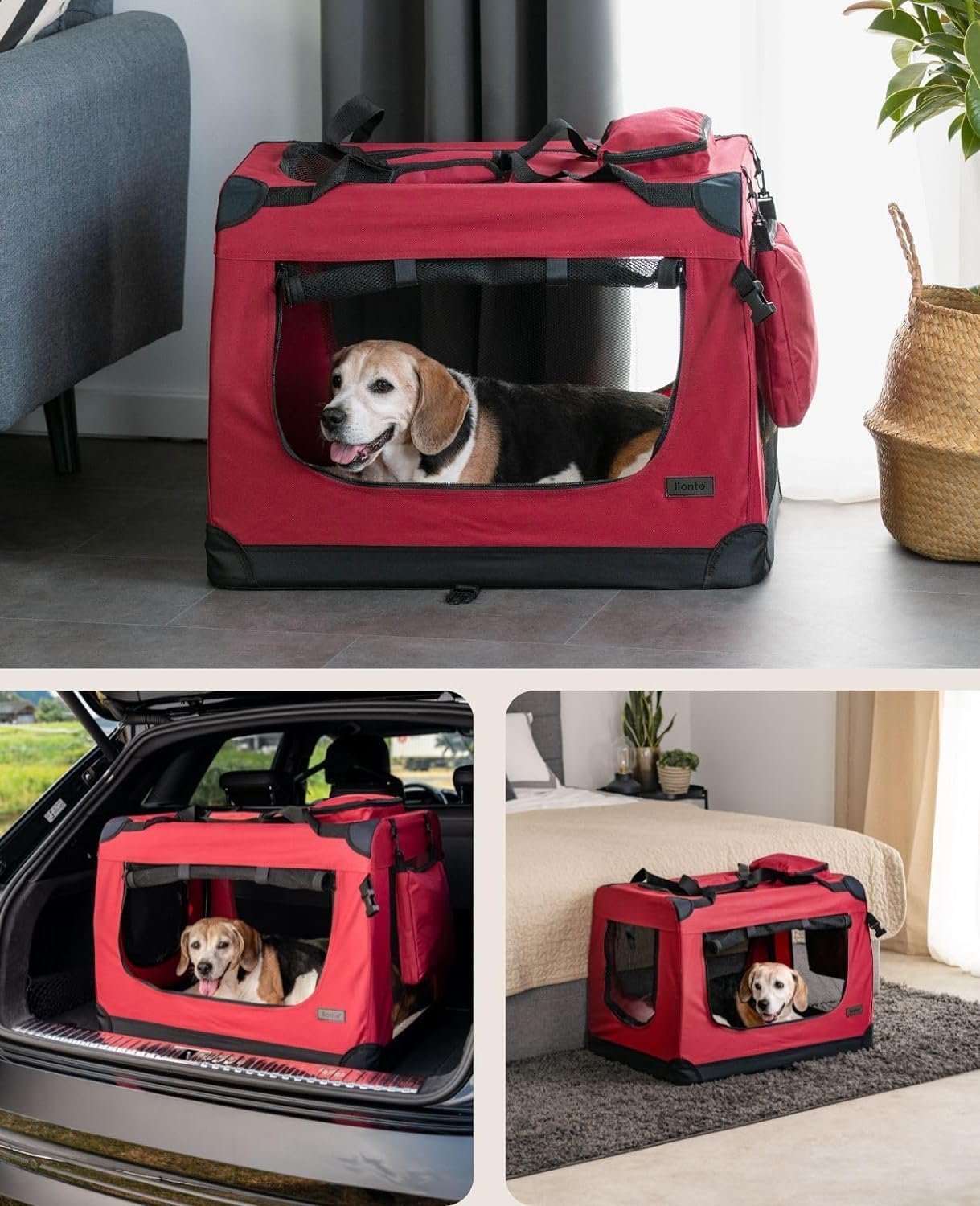 lionto Dog transport box foldable for travel & car, 50x34x36 cm, sturdy transport box with carrying handles & blanket for cats & dogs up to 10 kg, sturdy fabric dog box for small & large, beige - Comfort Style