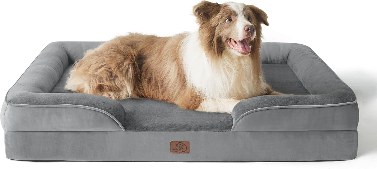 Bedsure Large Dog Bed Sofa - Washable Orthopedic Dog Beds and Couch with Removable Flannel Cover, Waterproof Dog Pillow with U-Shape Bolster, Grey Squre Pet Bed, 89x63x16cm - Comfort Style