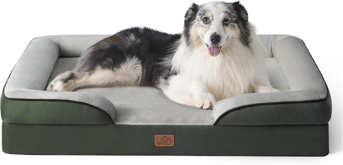 Bedsure Large Dog Bed Sofa - Washable Orthopedic Dog Beds and Couch with Removable Flannel Cover, Waterproof Dog Pillow with U-Shape Bolster, Grey Squre Pet Bed, 89x63x16cm - Comfort Style