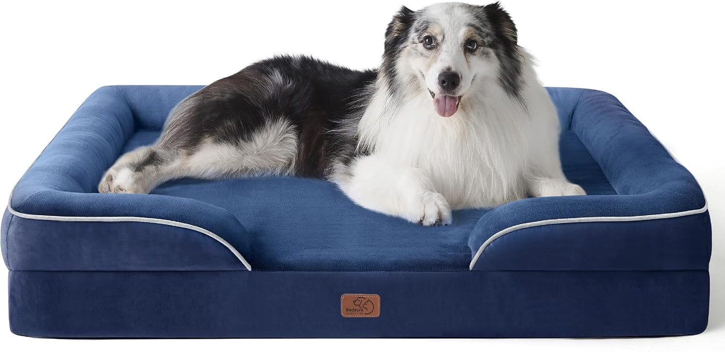 Bedsure Large Dog Bed Sofa - Washable Orthopedic Dog Beds and Couch with Removable Flannel Cover, Waterproof Dog Pillow with U-Shape Bolster, Grey Squre Pet Bed, 89x63x16cm - Comfort Style