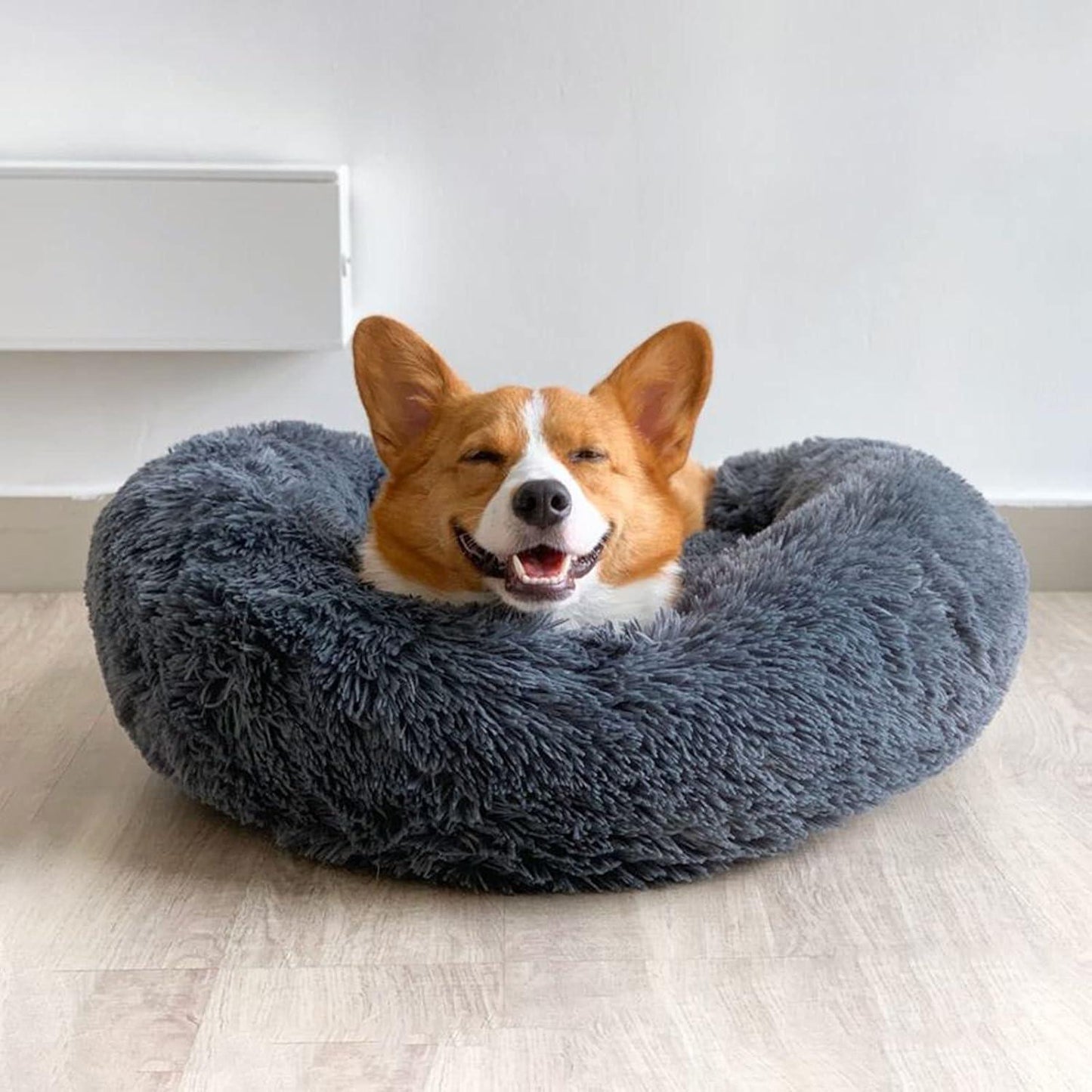 Enjamoy Plush Donut Dog Bed, Calming Round Dog Cat Bed Soft and Fluffy Cuddler Pet Cushion Self-Warming Puppy Beds Machine Washable, Grey 50cm - Comfort Style