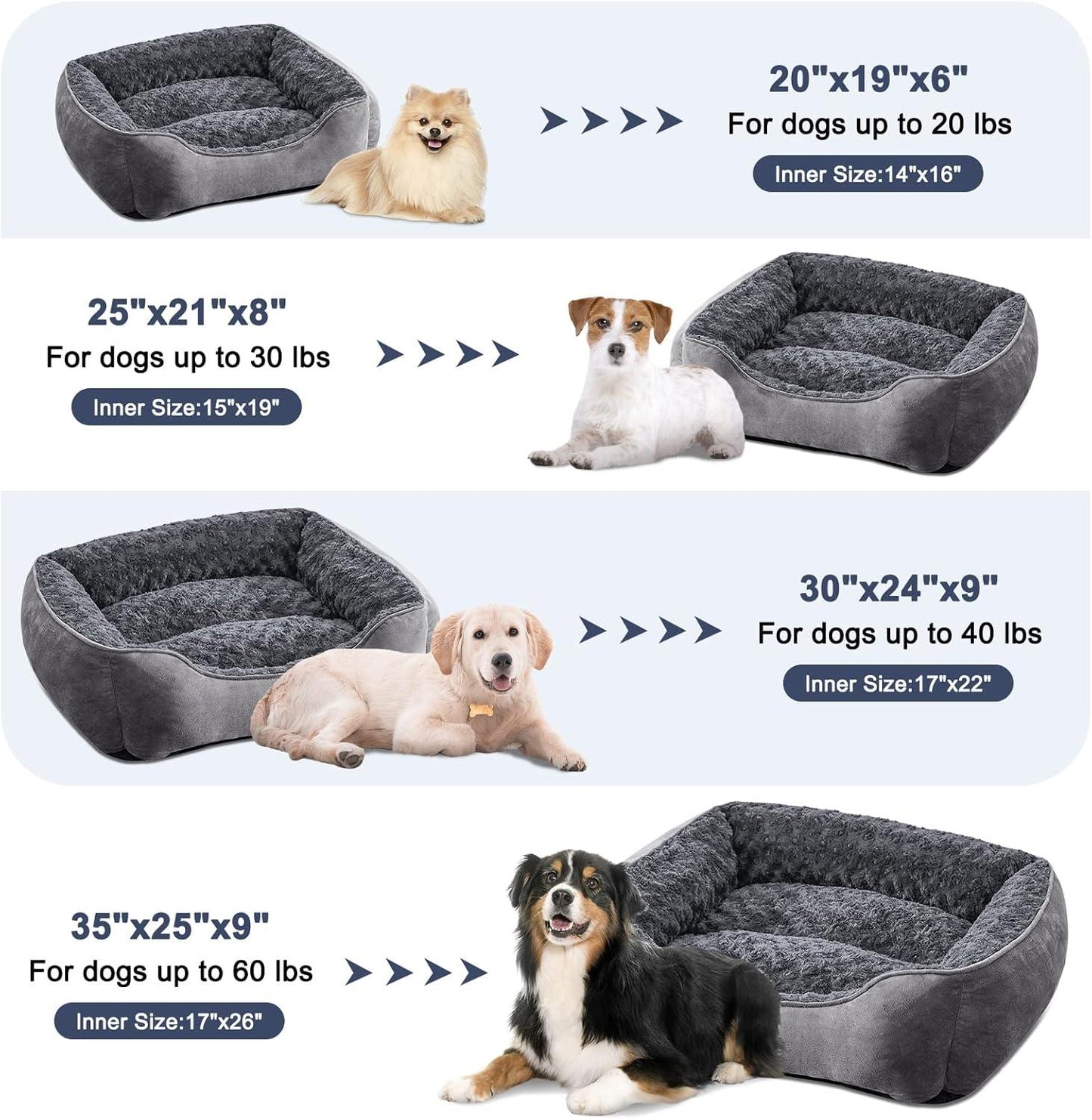 JOEJOY Dog Bed Medium - Washable Dog Bed Anti-Anxiety Dog Bed Soft Plush Dog Bed Rectangle Non-Slip Bottom Pet Bed - Small | Medium | Large Size Mattress Mat For Dog, Grey - Comfort Style