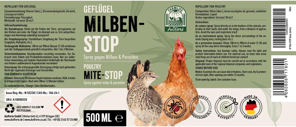 AniForte mite spray for chicken & poultry 500ml - against mites & parasites, mite stop, environment spray & contact spray, for acute infestation & preventive measure, naturally effective - Comfort Style