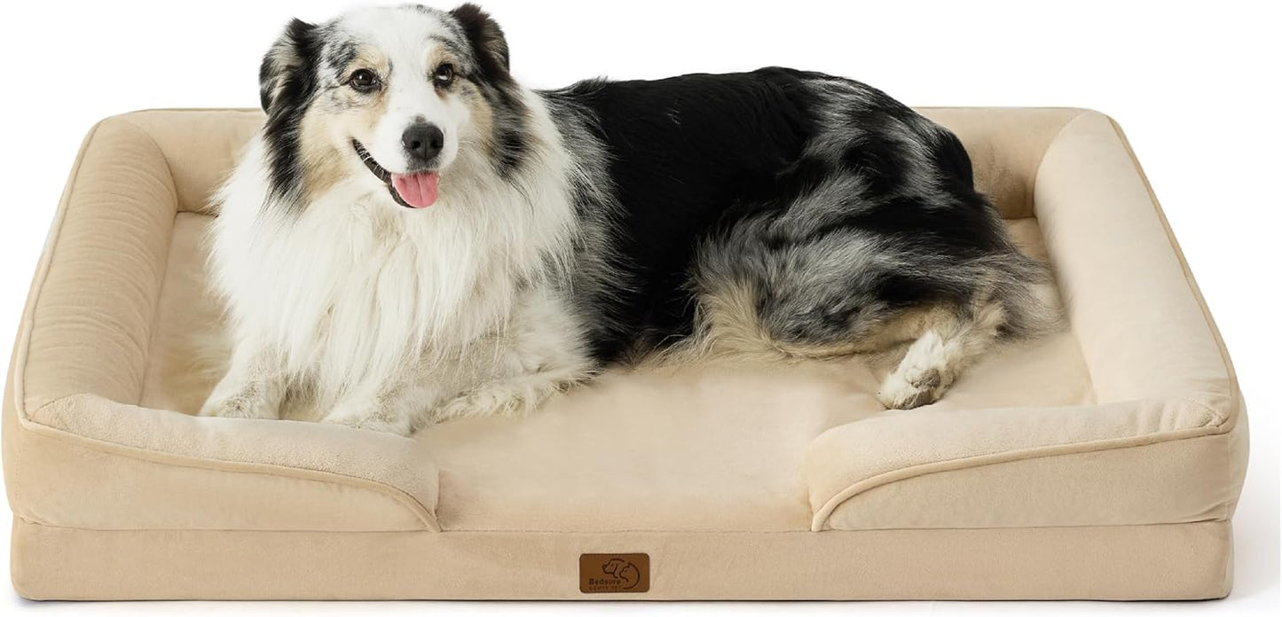 Bedsure Large Dog Bed Sofa - Washable Orthopedic Dog Beds and Couch with Removable Flannel Cover, Waterproof Dog Pillow with U-Shape Bolster, Grey Squre Pet Bed, 89x63x16cm - Comfort Style