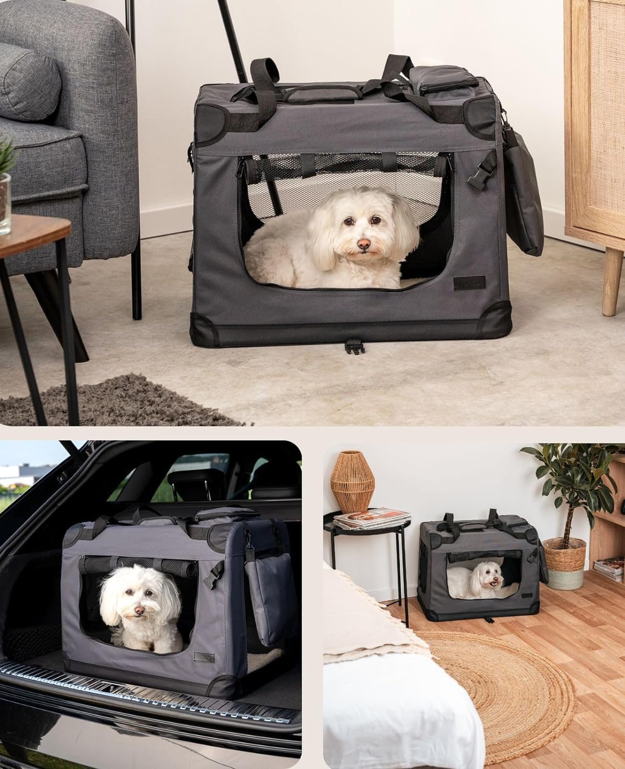 lionto Dog transport box foldable for travel & car, 50x34x36 cm, sturdy transport box with carrying handles & blanket for cats & dogs up to 10 kg, sturdy fabric dog box for small & large, beige - Comfort Style