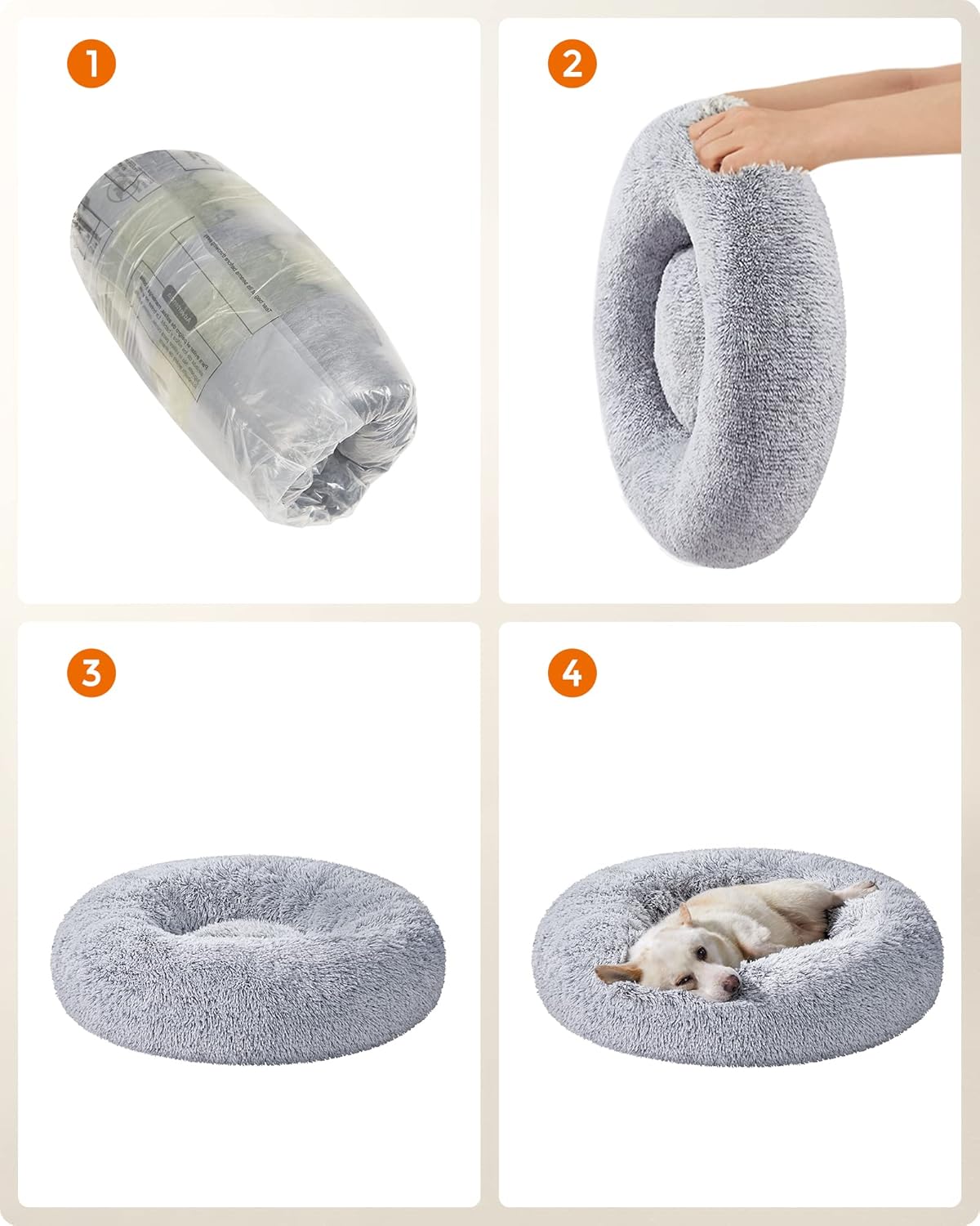 Feandrea Dog Bed, Donut Cat Bed, Fluffy Calming Pet Bed with Removable, Washable Cover, Soft Long Plush, 50 cm, Grey - Comfort Style