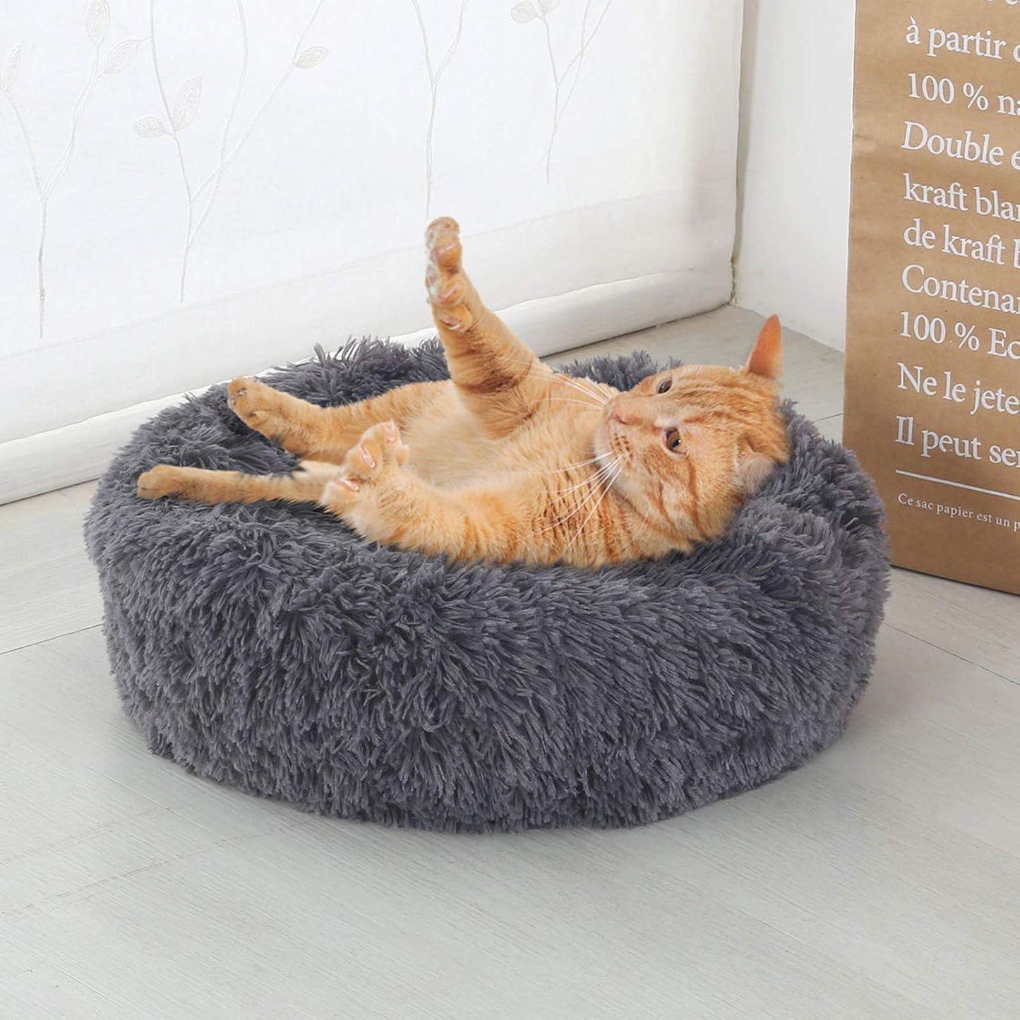 Enjamoy Plush Donut Dog Bed, Calming Round Dog Cat Bed Soft and Fluffy Cuddler Pet Cushion Self-Warming Puppy Beds Machine Washable, Grey 50cm - Comfort Style
