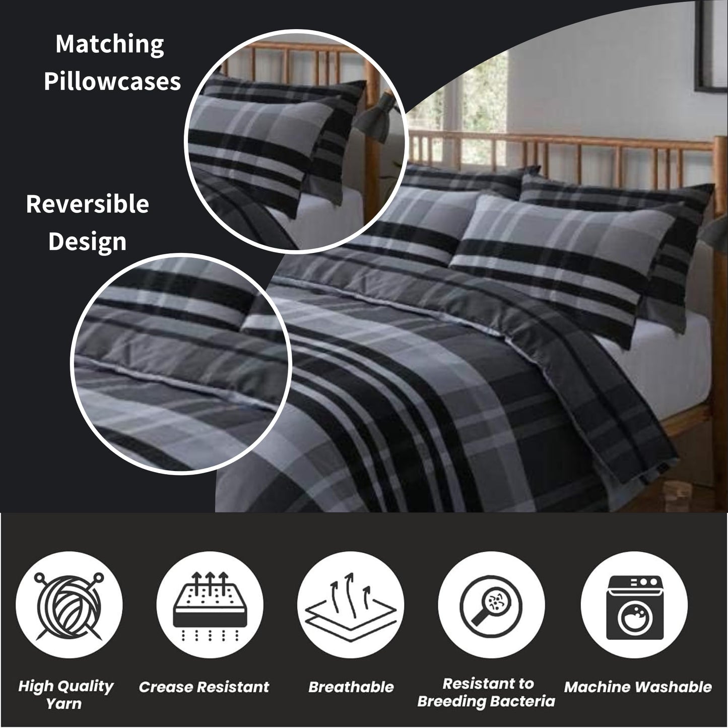 Olivia Rocco Hudson Check Duvet Cover Set Modern Print Cotton Rich Quilt Covers Bedding Bed Linen Set - Comfort Style