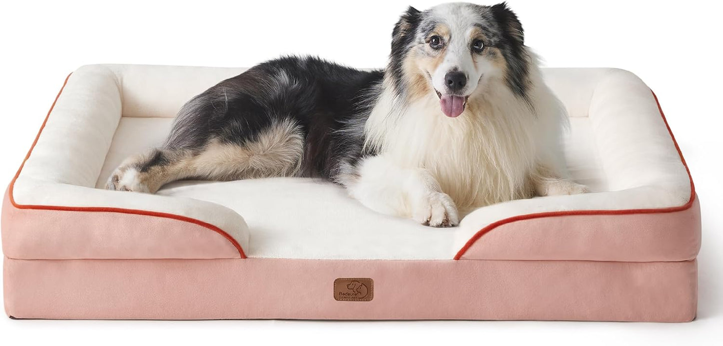Bedsure Large Dog Bed Sofa - Washable Orthopedic Dog Beds and Couch with Removable Flannel Cover, Waterproof Dog Pillow with U-Shape Bolster, Grey Squre Pet Bed, 89x63x16cm - Comfort Style