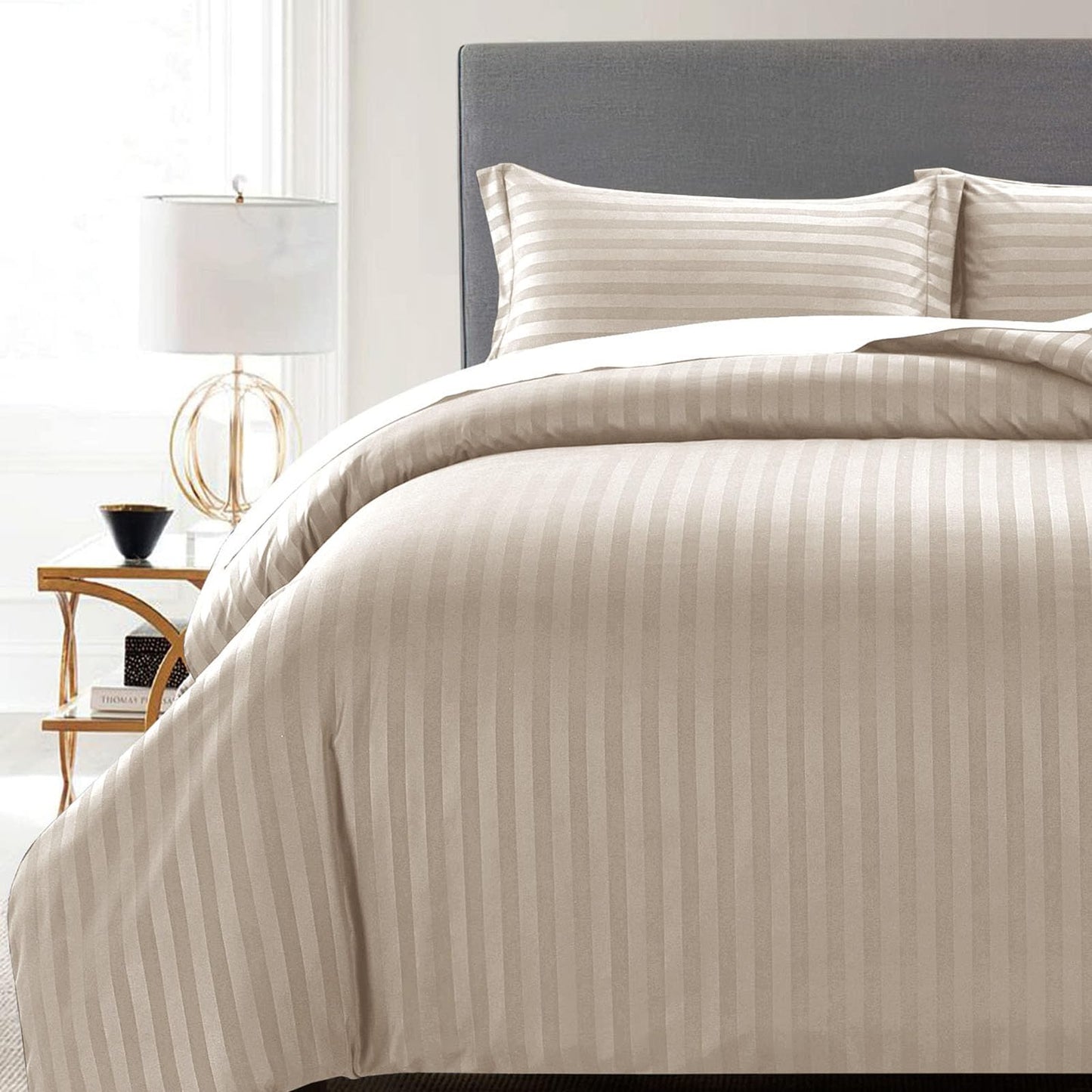 MOONLIGHT20015 Duvet Set Reversible Stripes Satin Double Bedding Set with 2 Pillowcases Soft Hypoallergenic Duvet Cover - Comfort Style