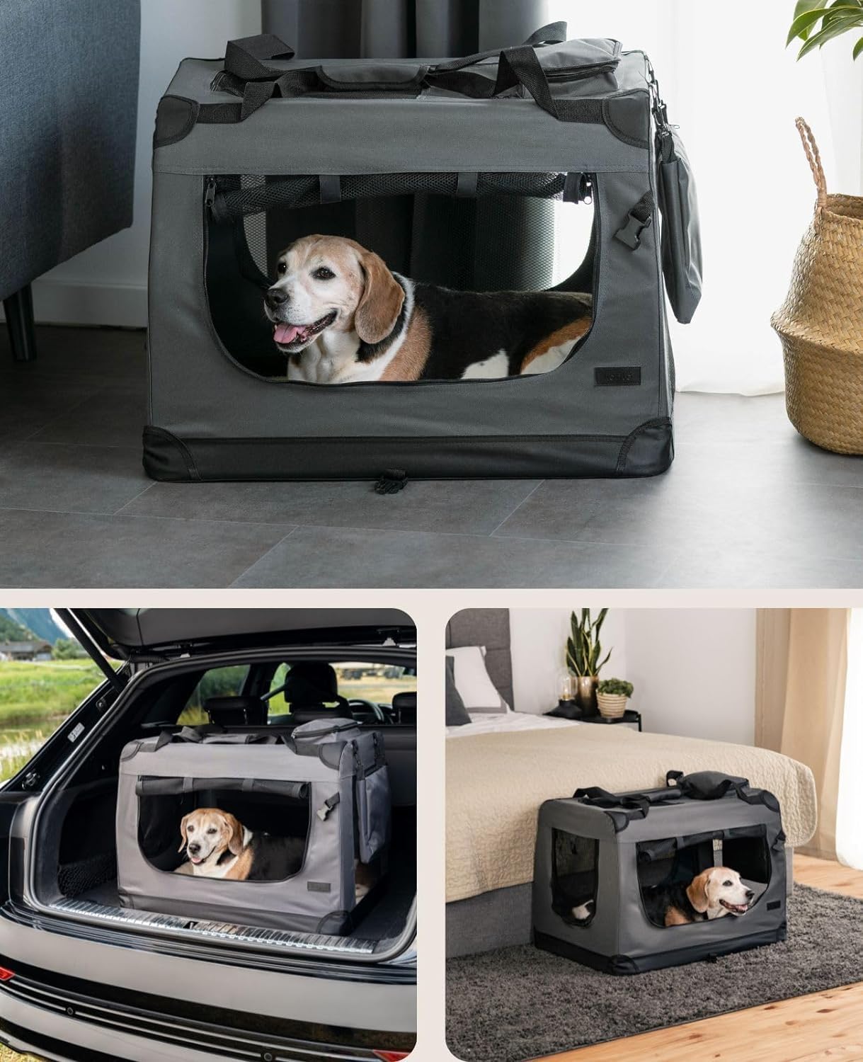 lionto Dog transport box foldable for travel & car, 50x34x36 cm, sturdy transport box with carrying handles & blanket for cats & dogs up to 10 kg, sturdy fabric dog box for small & large, beige - Comfort Style