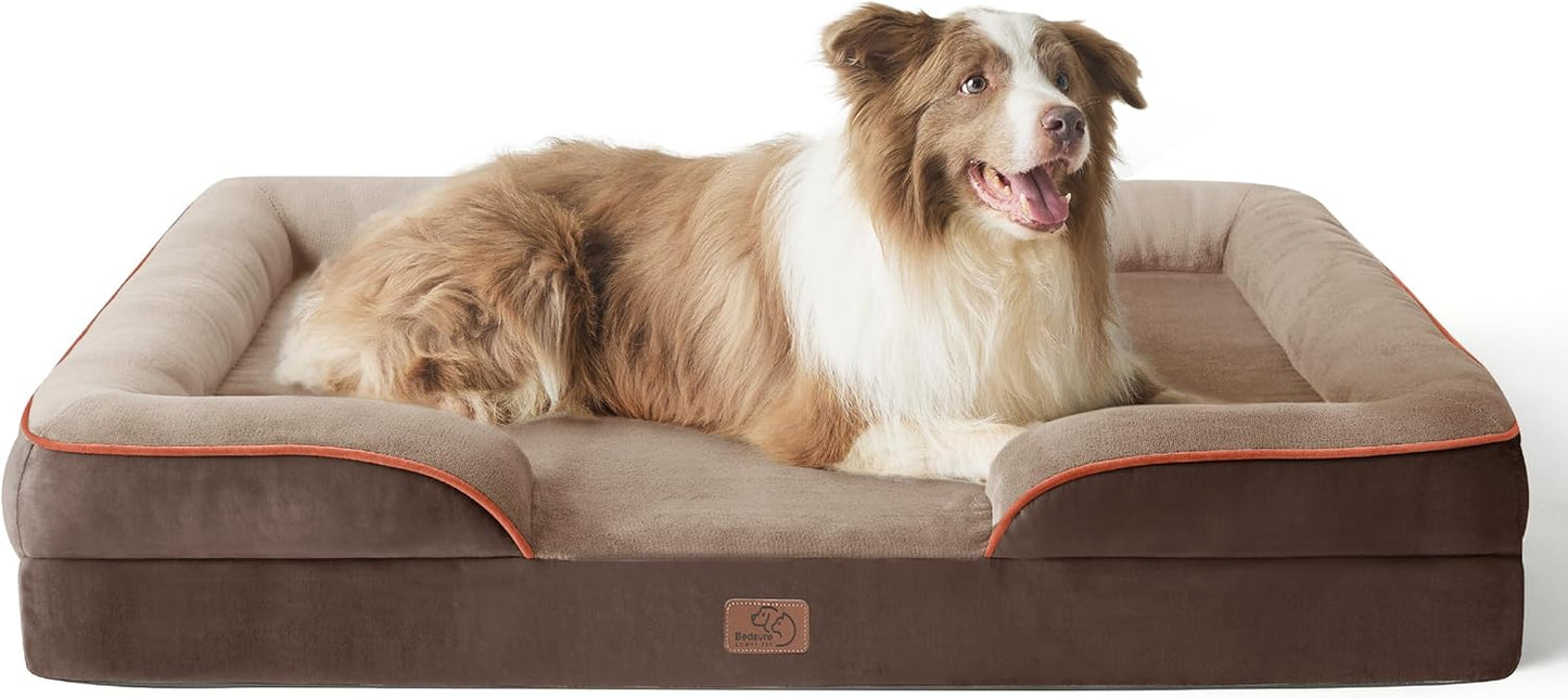 Bedsure Large Dog Bed Sofa - Washable Orthopedic Dog Beds and Couch with Removable Flannel Cover, Waterproof Dog Pillow with U-Shape Bolster, Grey Squre Pet Bed, 89x63x16cm - Comfort Style