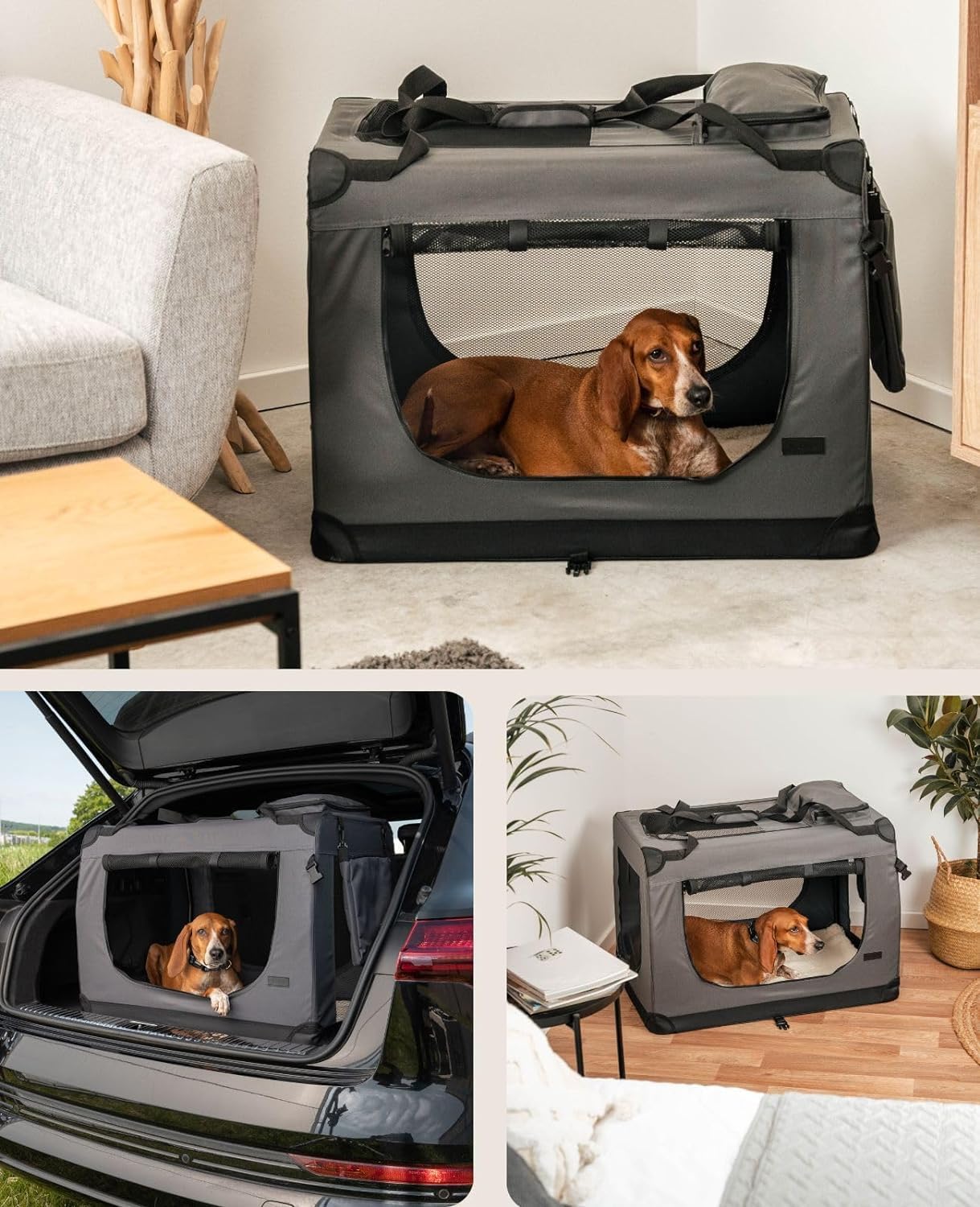 lionto Dog transport box foldable for travel & car, 50x34x36 cm, sturdy transport box with carrying handles & blanket for cats & dogs up to 10 kg, sturdy fabric dog box for small & large, beige - Comfort Style
