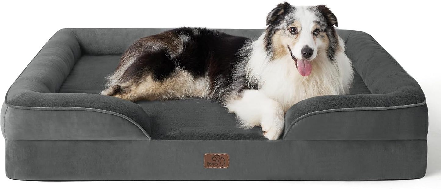 Bedsure Large Dog Bed Sofa - Washable Orthopedic Dog Beds and Couch with Removable Flannel Cover, Waterproof Dog Pillow with U-Shape Bolster, Grey Squre Pet Bed, 89x63x16cm - Comfort Style