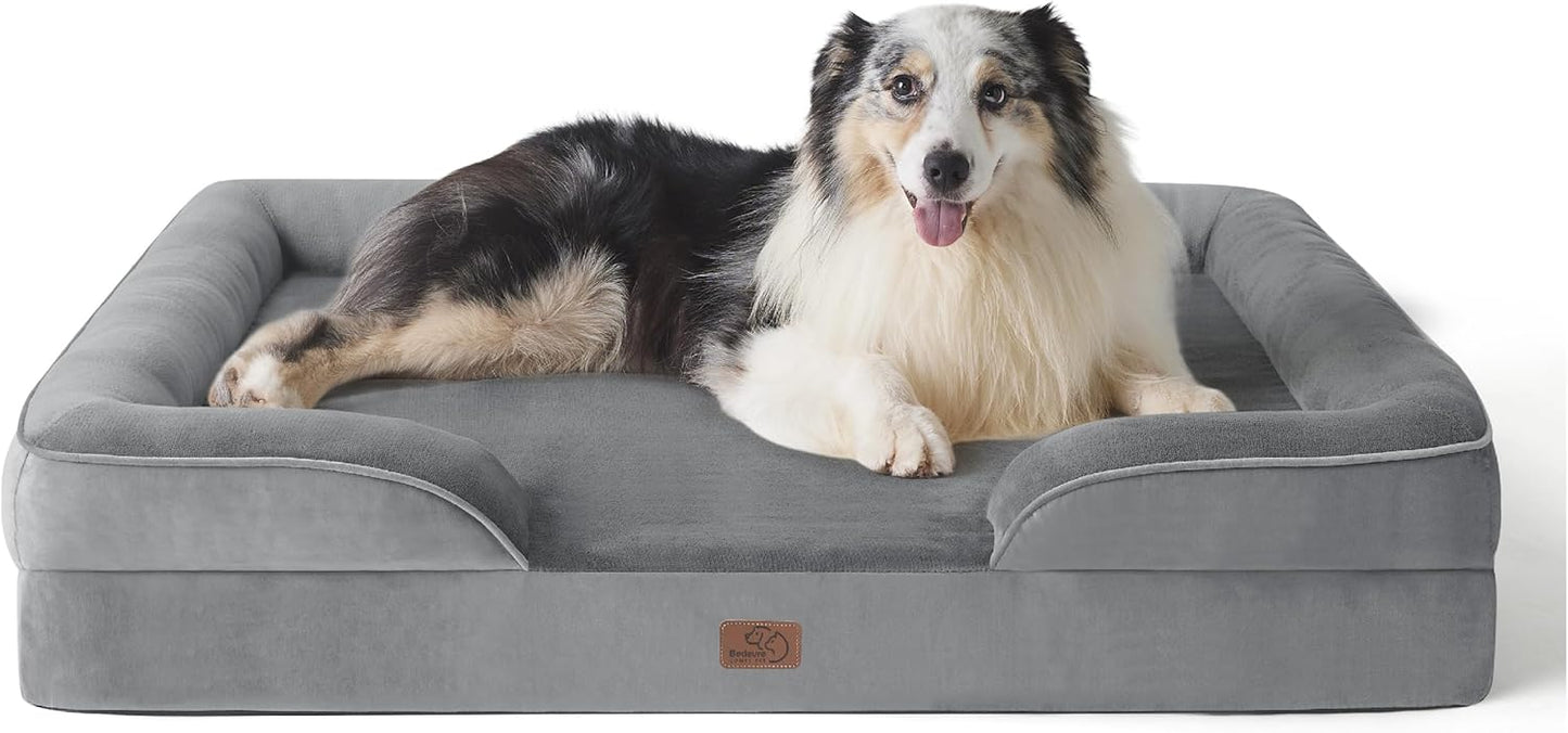 Bedsure Large Dog Bed Sofa - Washable Orthopedic Dog Beds and Couch with Removable Flannel Cover, Waterproof Dog Pillow with U-Shape Bolster, Grey Squre Pet Bed, 89x63x16cm - Comfort Style