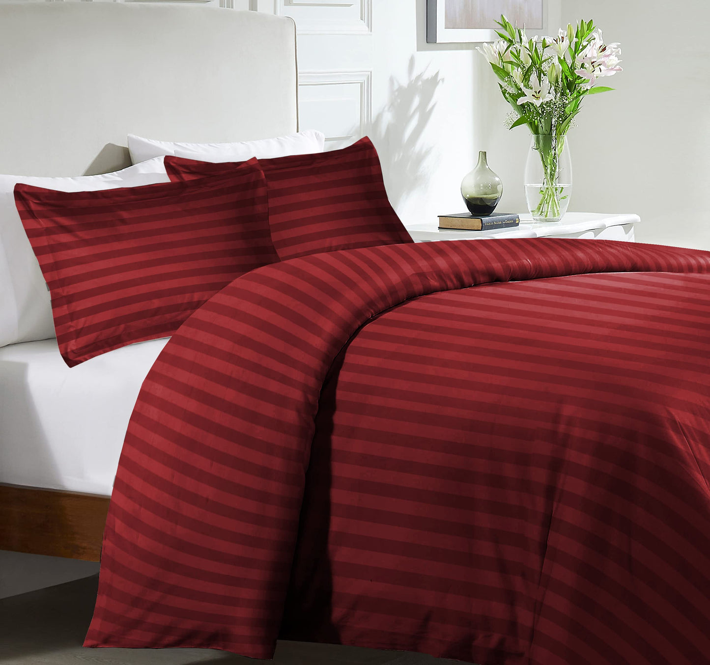 MOONLIGHT20015 Duvet Set Reversible Stripes Satin Double Bedding Set with 2 Pillowcases Soft Hypoallergenic Duvet Cover - Comfort Style