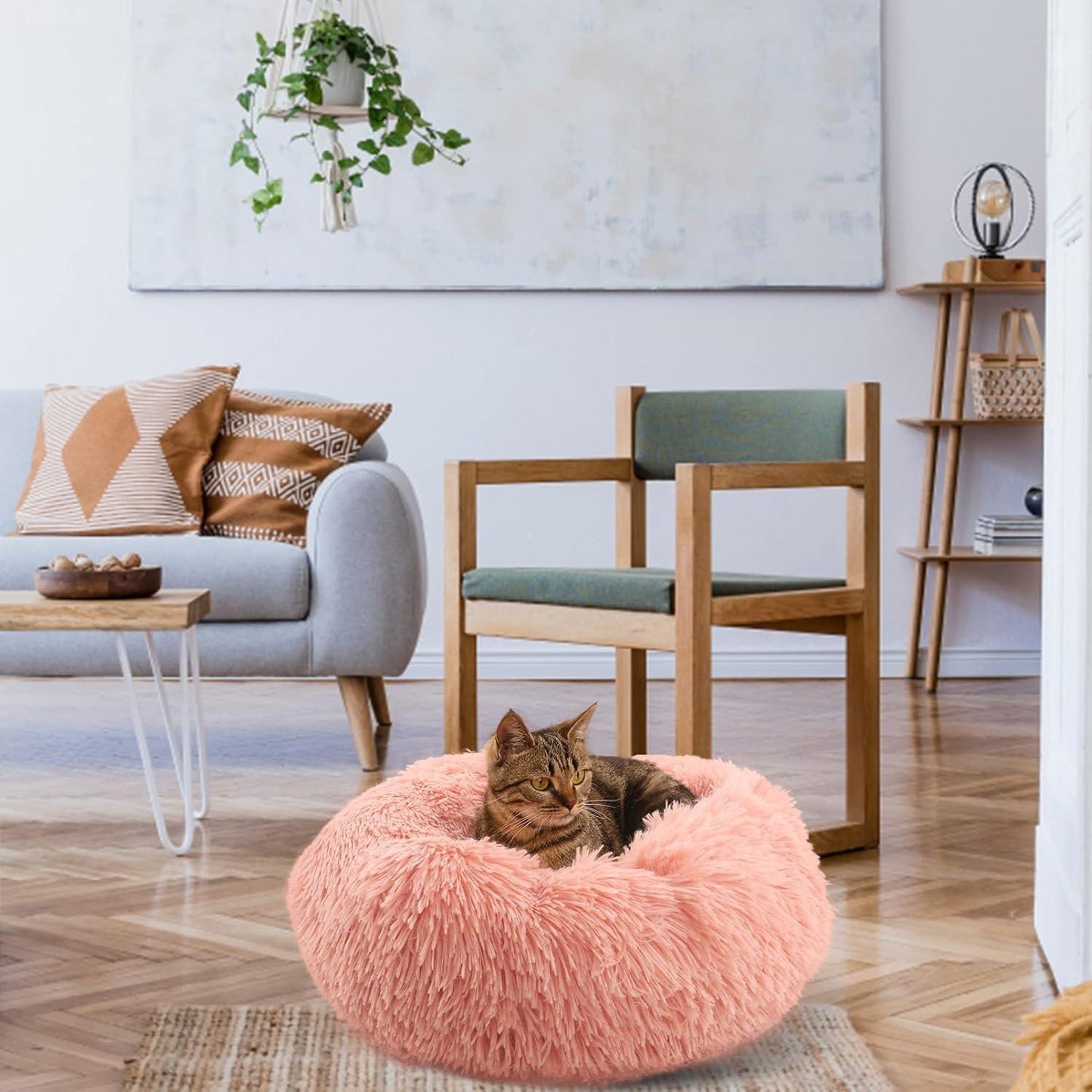 Enjamoy Plush Donut Dog Bed, Calming Round Dog Cat Bed Soft and Fluffy Cuddler Pet Cushion Self-Warming Puppy Beds Machine Washable, Grey 50cm - Comfort Style
