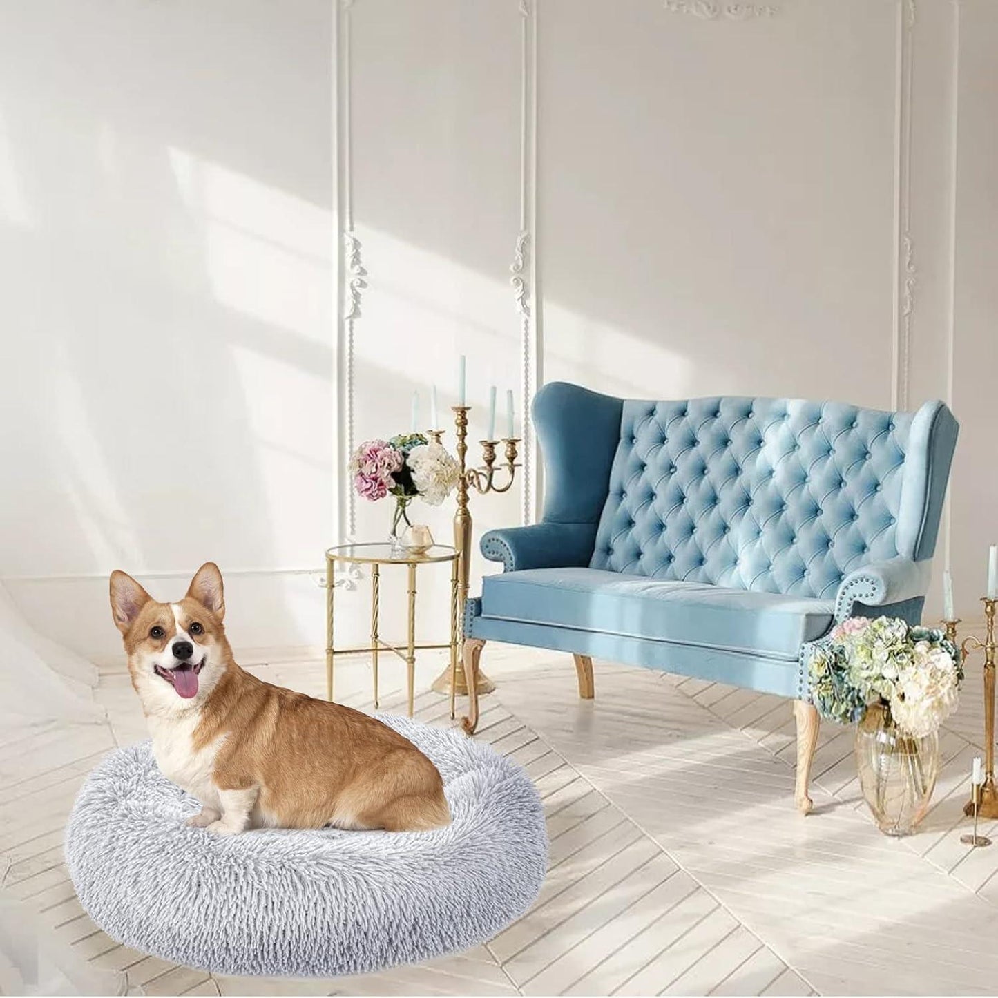 Enjamoy Plush Donut Dog Bed, Calming Round Dog Cat Bed Soft and Fluffy Cuddler Pet Cushion Self-Warming Puppy Beds Machine Washable, Grey 50cm - Comfort Style