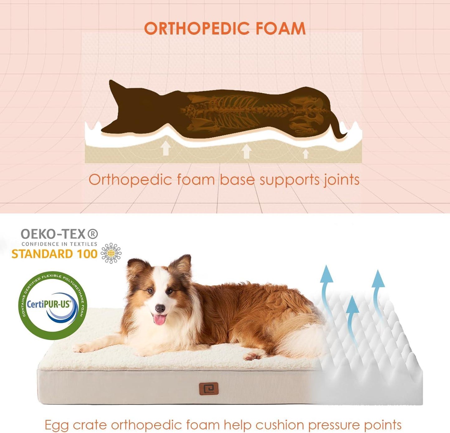 EHEYCIGA Orthopedic Dog Beds Large Mattress with Removable Washable Cover for Crate, Grey, 91x68x9cm - Comfort Style