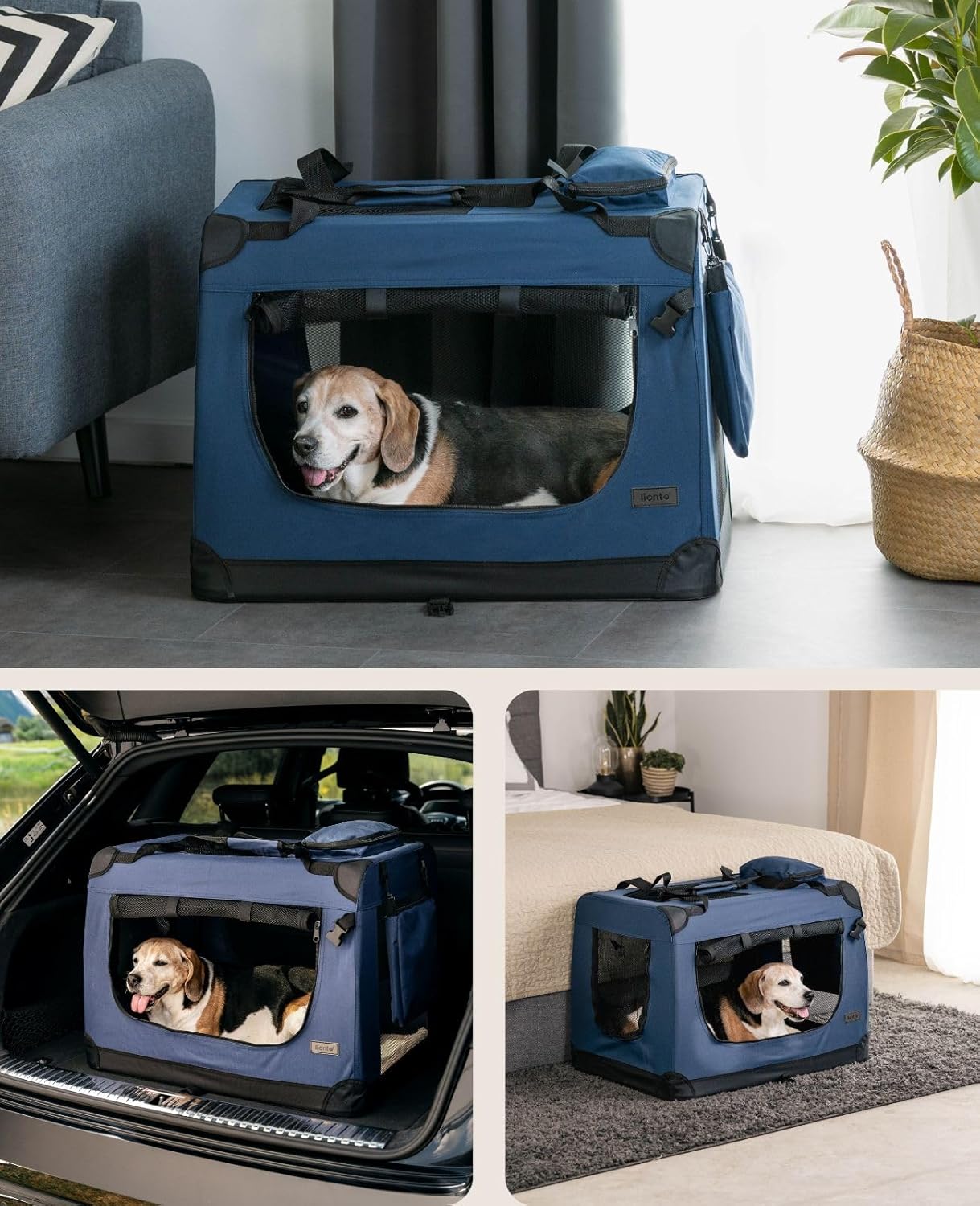 lionto Dog transport box foldable for travel & car, 50x34x36 cm, sturdy transport box with carrying handles & blanket for cats & dogs up to 10 kg, sturdy fabric dog box for small & large, beige - Comfort Style