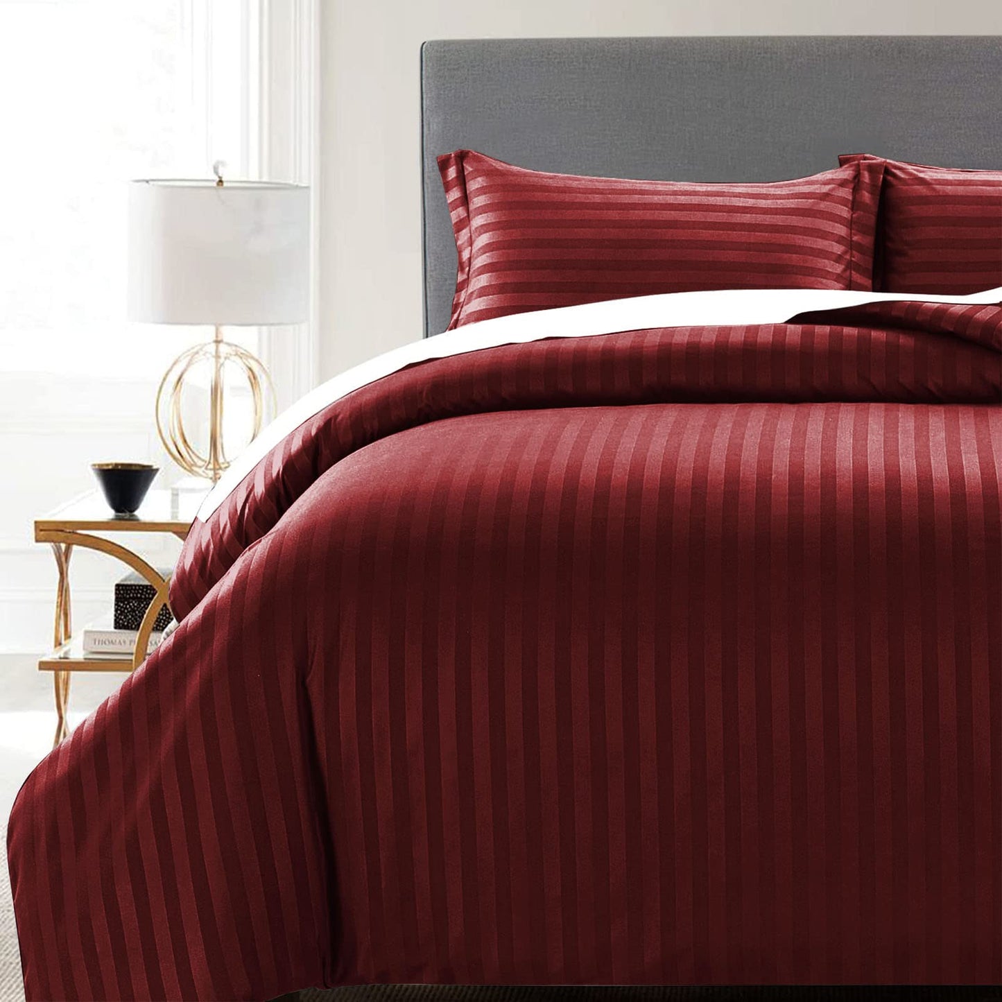 MOONLIGHT20015 Duvet Set Reversible Stripes Satin Double Bedding Set with 2 Pillowcases Soft Hypoallergenic Duvet Cover - Comfort Style