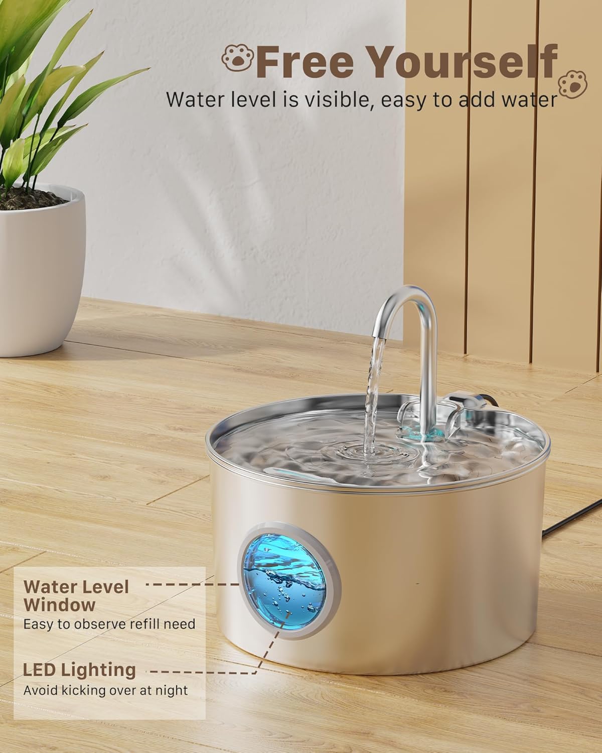 Cat Water Fountain for Drinking: Stainless Steel Cat Fountain - 2.2L Water Fountain Cat Bowl - Pet Water Fountain - Cat Drinking Fountain - Visible Water Level Cat Water Dispensers - GIOTOHUN - Comfort Style
